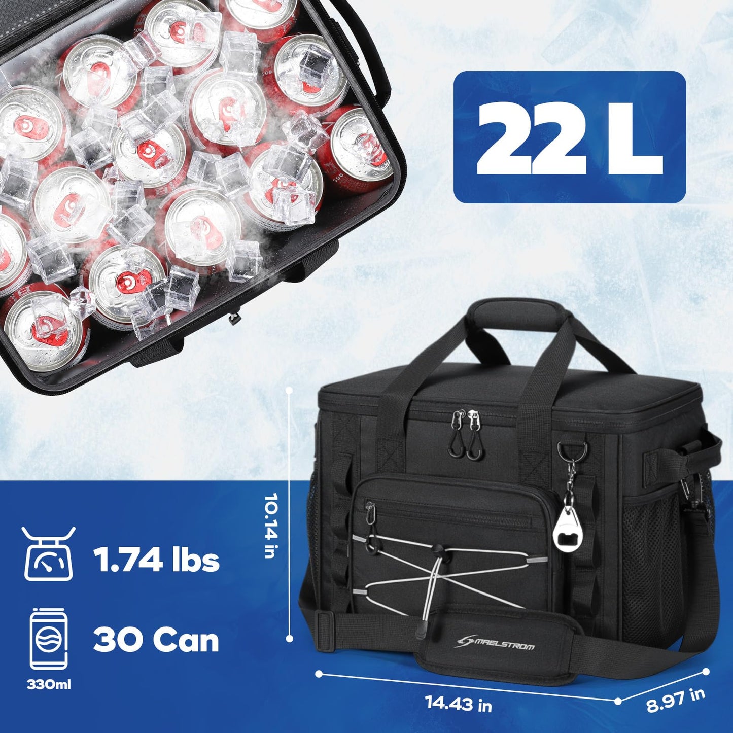 Maelstrom Soft Sided Cooler Bag, 30/40 Can Collapsible Insulated Ice Chest, Large Leakproof Portable Storage for Camping, Travel, Kayaking & Beach (1.Black, 30 Can)