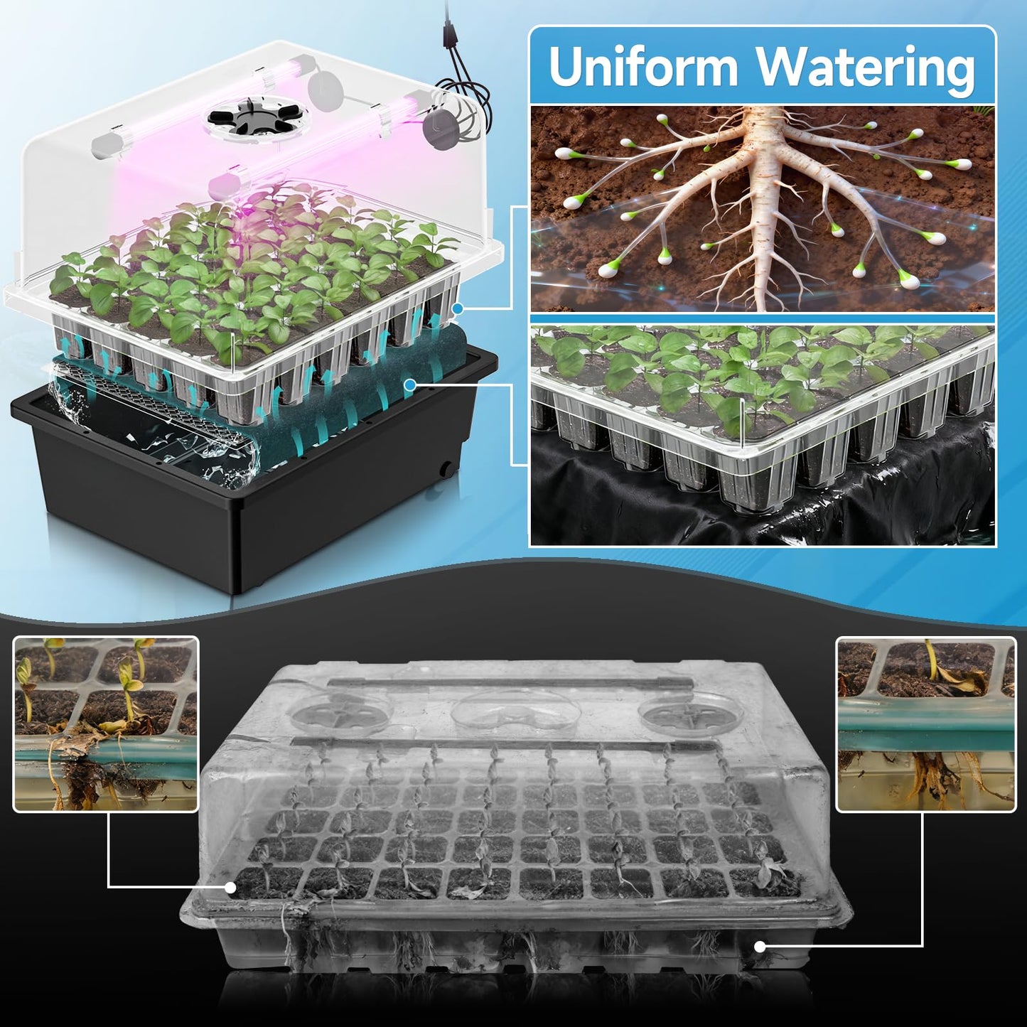Hon&Guan 2 Pack Seed Starting Kit - 30 Cell Seed Starter Tray with Higher 5.3” Humidity Dome, LED Growing Lights and 10"x20.75" Seedling Heat Mat, Adjustable Vents - Germination & Plant Propagation