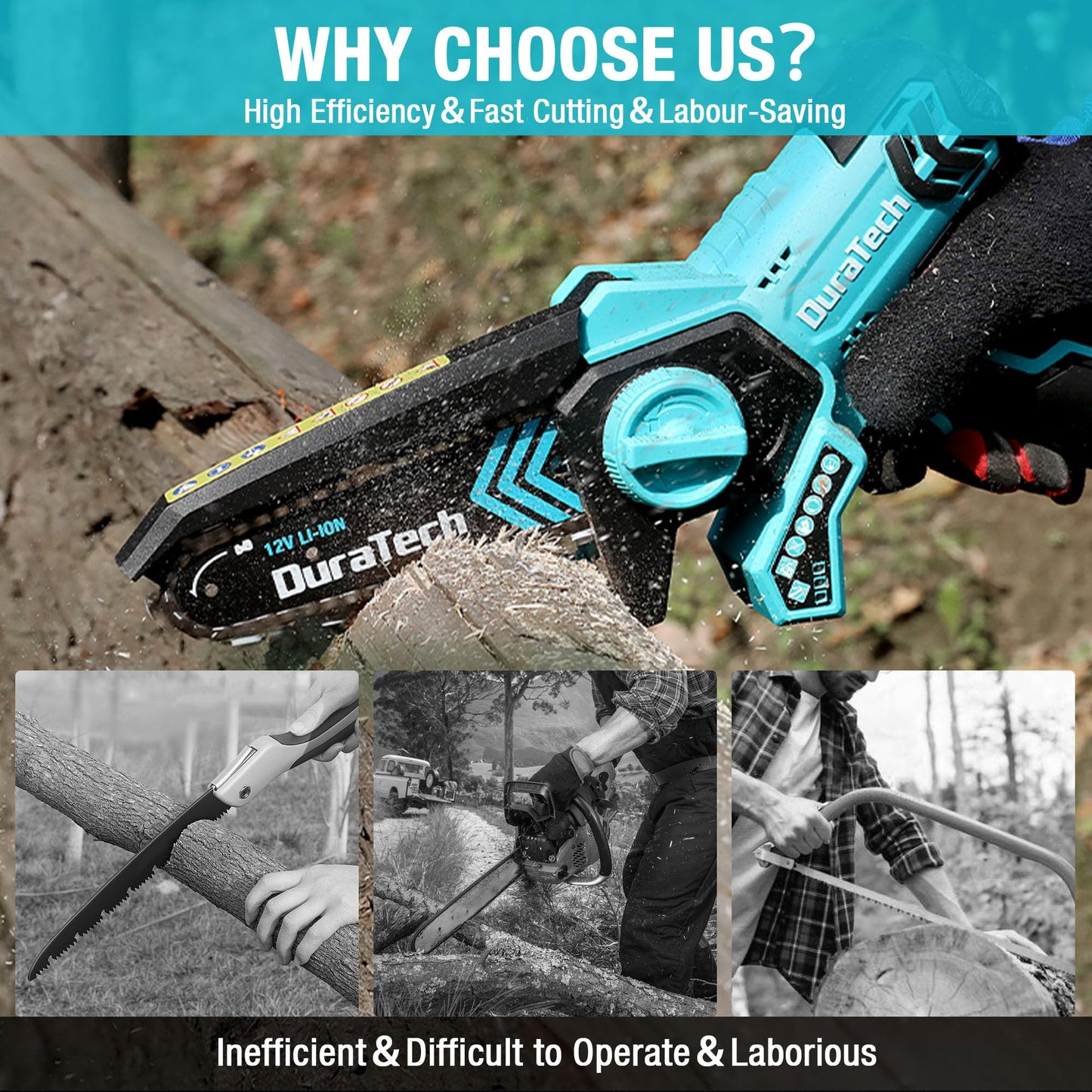DURATECH 12V Mini Chainsaw, 6 Inch Electric Cordless Chainsaw with 2 Batteries & 2 Chains, One-Hand Operated Portable Wood Saw for Garden Tree Branch Pruning, Wood Cutting