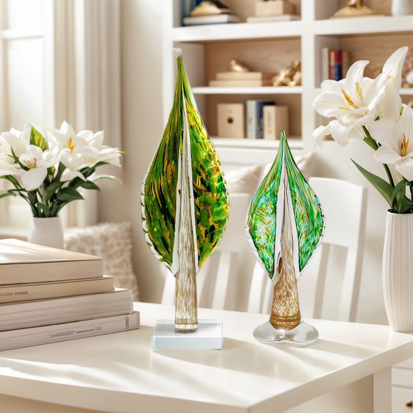 QFkris Blown Glass Tree of Life Leaf Sculpture for Home Decor, 12inch Hand Blown Glass Art Decorative Statue for Book Shelf Living Room Office Desk Home Decoration Accents Collectible Figurines