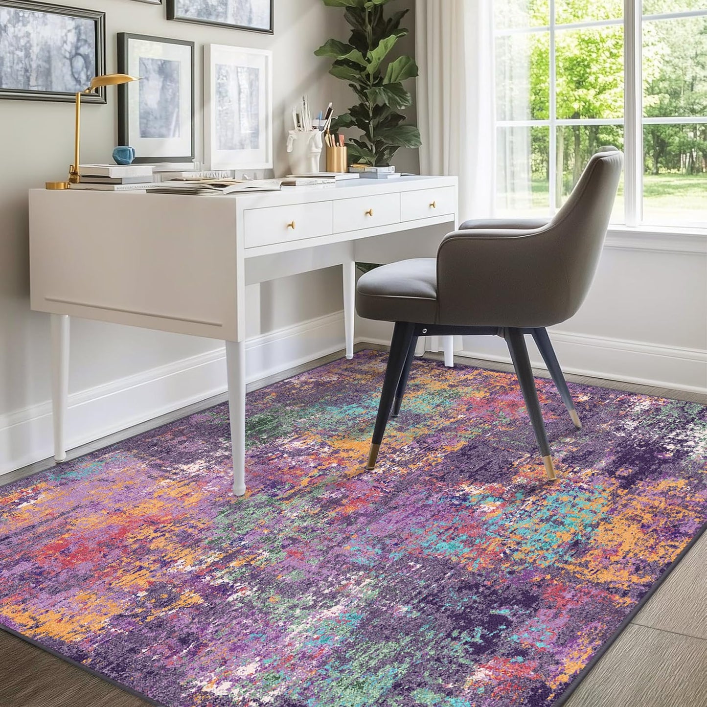 RELEANY Washable Area Rugs 5'x7' Non-Slip Modern Abstract Soft for Living Room Entryway Bedroom Nursery, Print Pattern, Purple Orange Blue Green Rust Red Colorful
