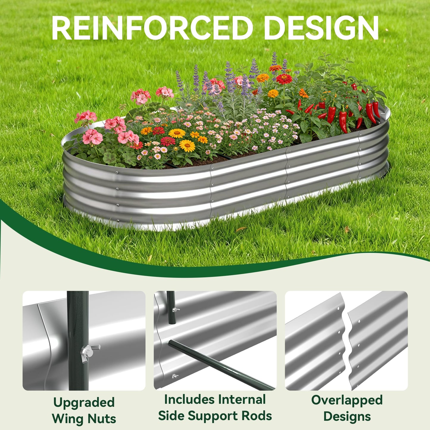 Lineware Raised Garden Bed with Self-Watering System, 6x3x1 ft Elevated Planter Boxes Outdoor with Mesh Cover, Oval Galvanized Raised Beds for Gardening,Vegetables,Flowers, Backyard, Patio