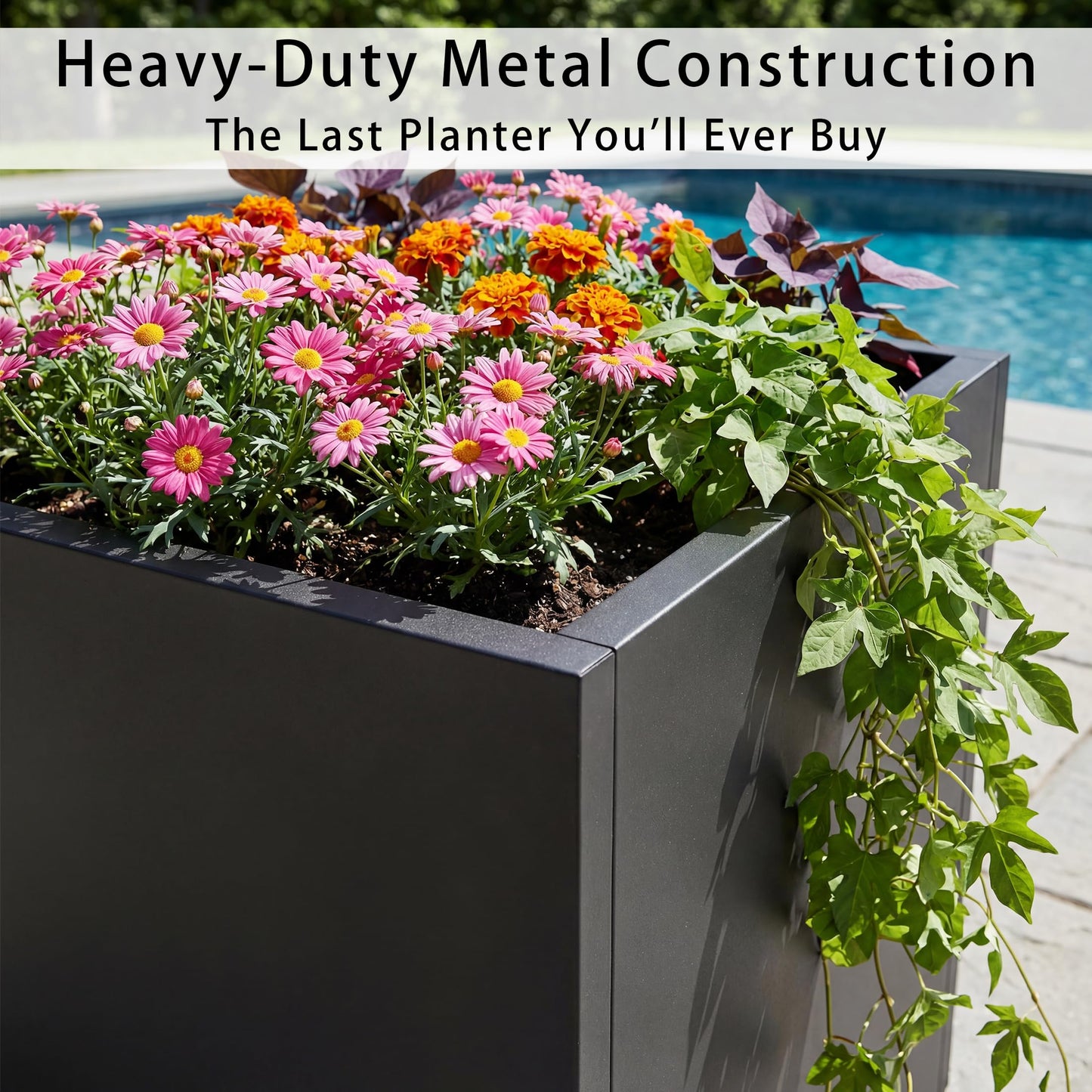 Casaphoriar Metal Planter Box 13"x13"x36", Rectangular Planter and Drainage Holes, Perfect for Outdoor Patio and Balcony Decor, Black(Set of 2)