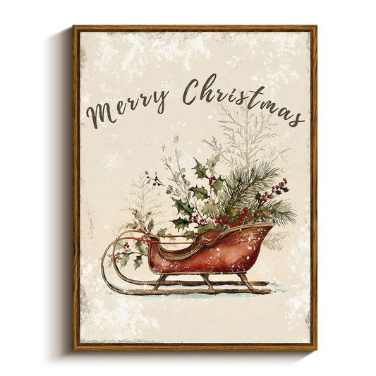 VIYYIEA Framed Wall Art Decor for Living Room, Vintage Chritmas Canvas Wall Art, Christmas Decorations Indoor for Bedroom, Sleigh Sled Winter Picture, Vintage Home Decor 12 x 16 in