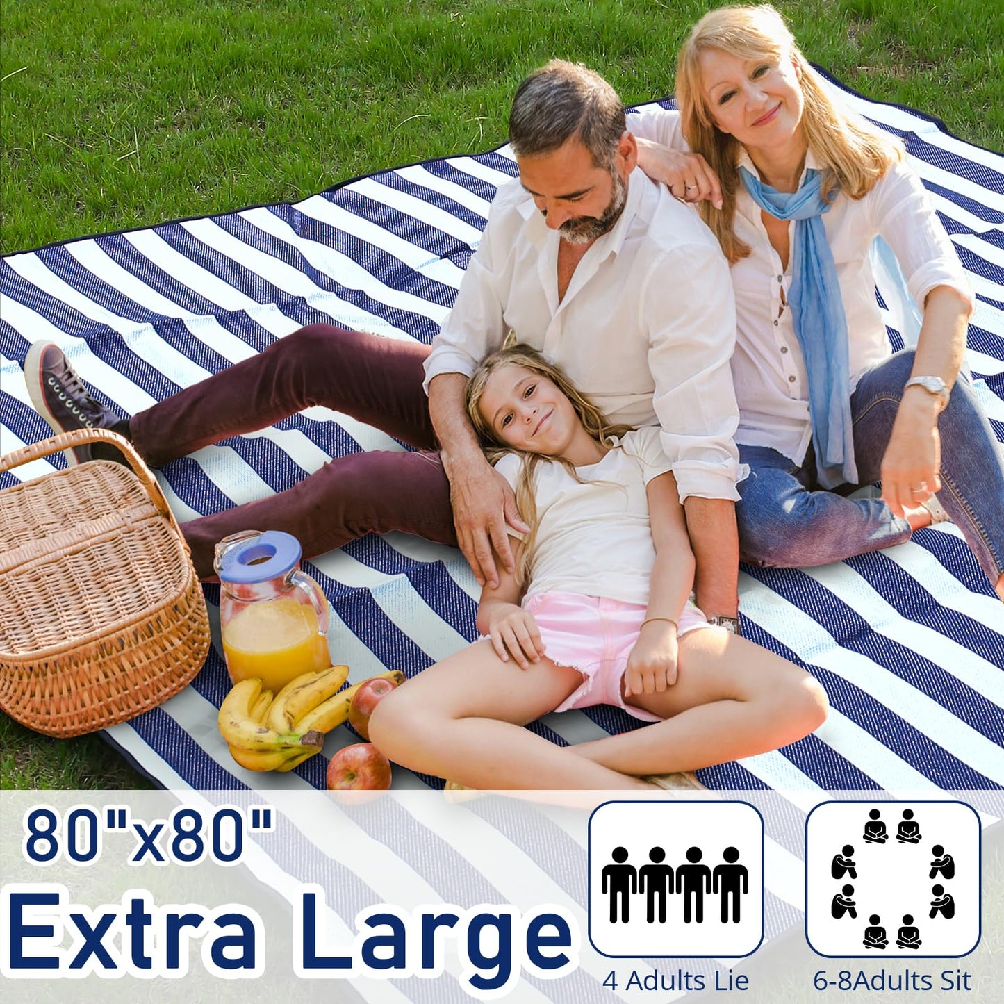 Timirock Striped Picnic Blankets 80” x 80” Extra Large Waterproof and Foldable Beach Blanket, Oversized Blue and White Outdoor Blanket for Camping, Travel, Park, Grass, Patio (Blue & White, 80" x 80")