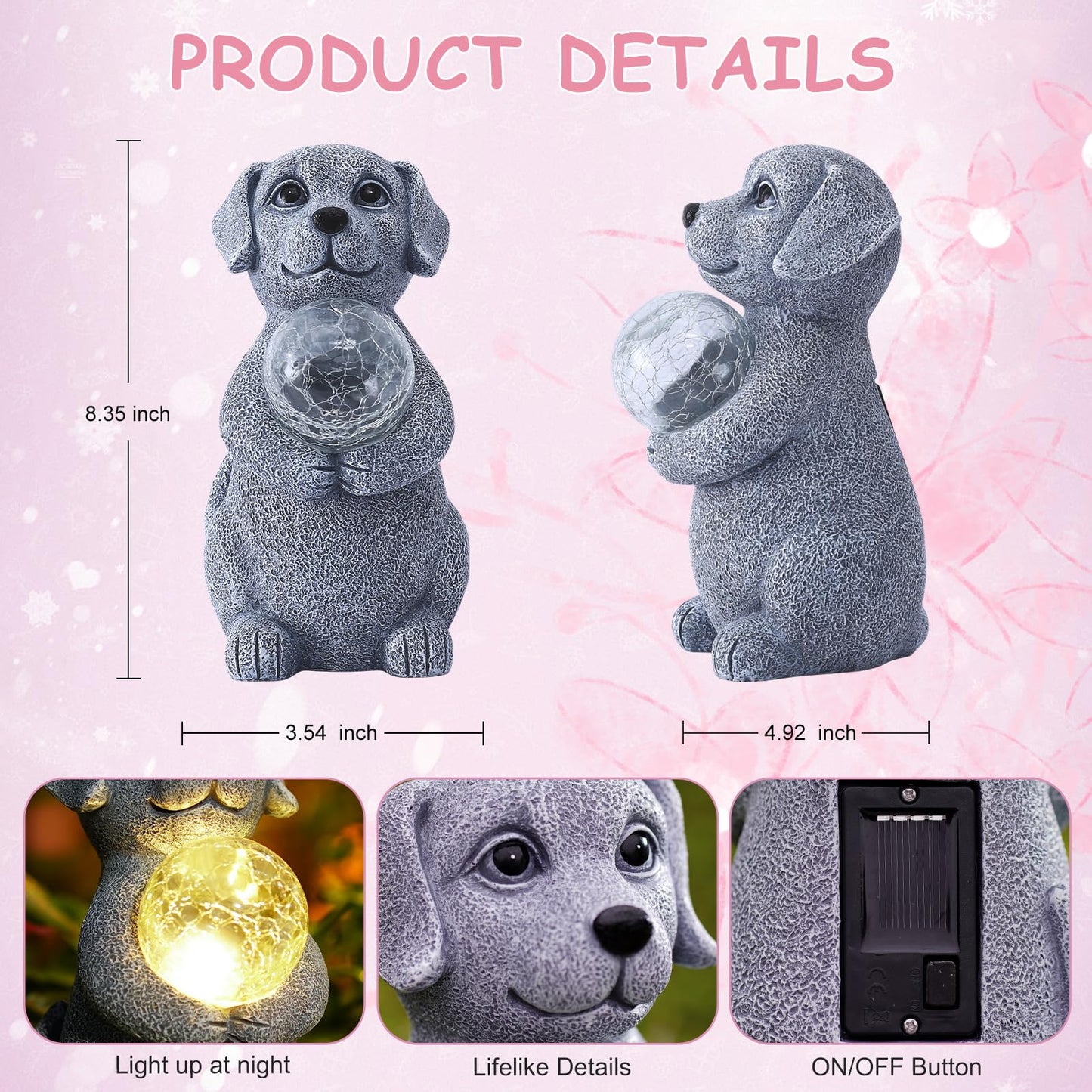 Tiejiajiang Dog Garden Statues - 8.4 Dog Decor with Gazing Ball LED Lights, Unique Gifts for Mom Grandma Birthdays, Outdoor Decor for Outside Lawn Porch Patio (Gray)