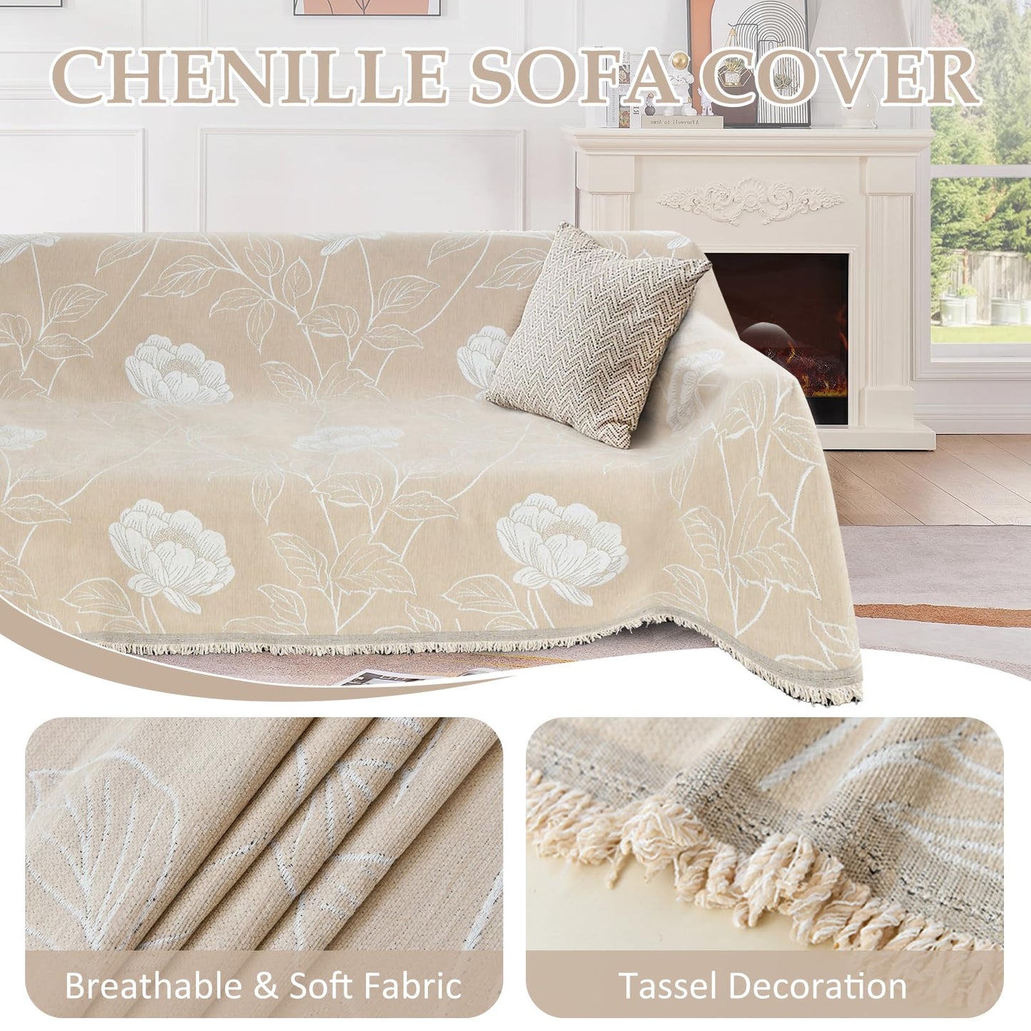 SYJOVIA 1OO% Waterproof Sectional Couch Covers for Dogs L Shaped Corner Sofa Cover Washable Chenille Sofa Slipcovers Blanket Modern Jacquard Pet Furniture Protector (91"x252", Beige Flower)