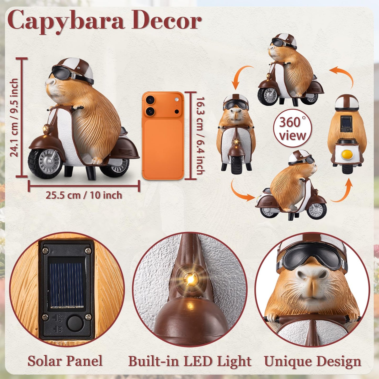 Capybara Solar Outdoor Figurine Light, Capybara Riding Motorcycle Garden Statue with LED Headlight, Waterproof Solar Powered Lawn Decor for Yard Patio Porch, 8.6” x 4.7” x 9.4”