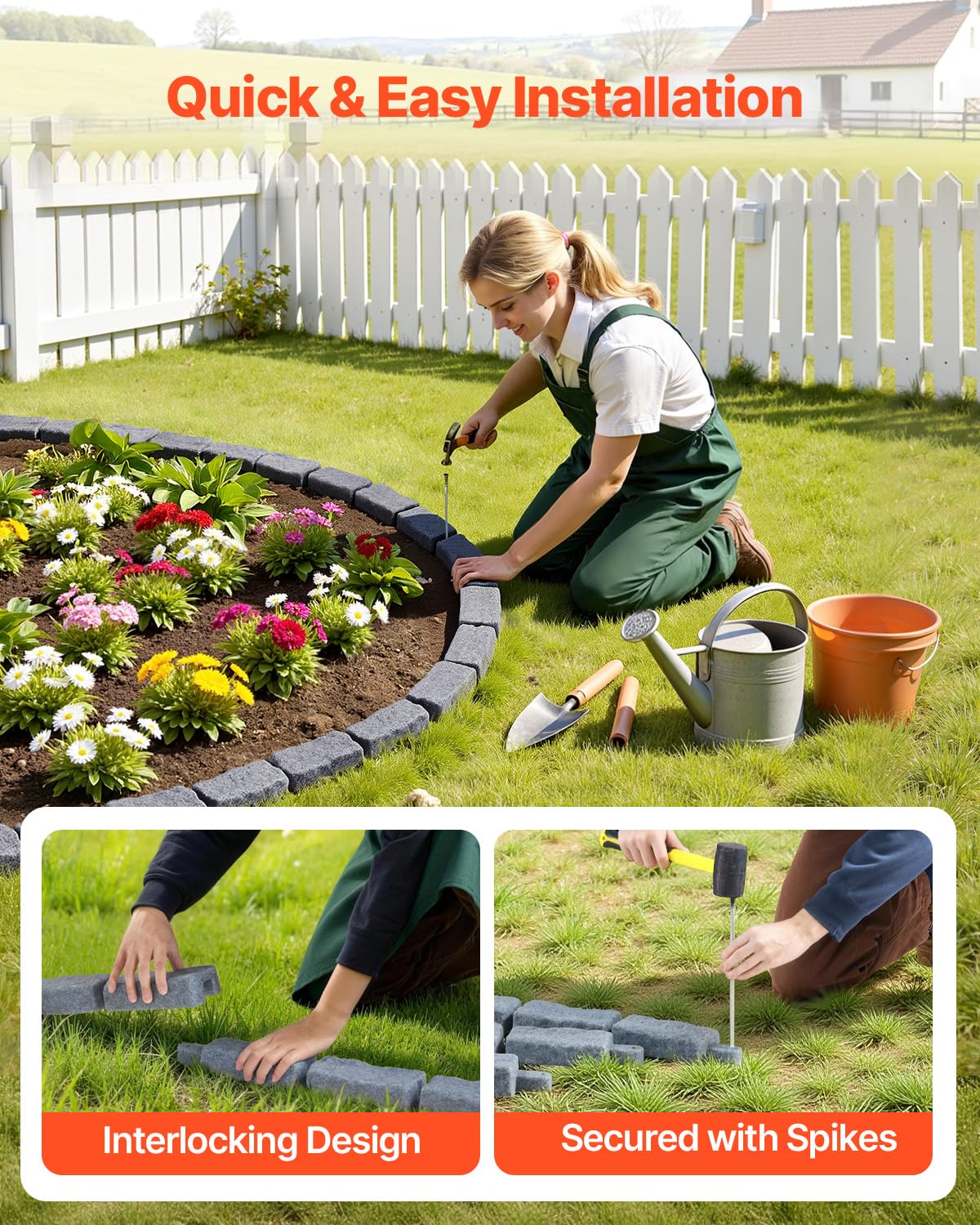 VEVOR Faux Stone Landscape Edging, No Dig Garden Edging Border, Flexible Blocks for Lawn Edging, Flower Beds, Driveway, Yards with 12 Spikes, 4 Pack 24 Bricks 16FT Kit, 46.5" Lx 3.7" W x 2.2" H, Grey