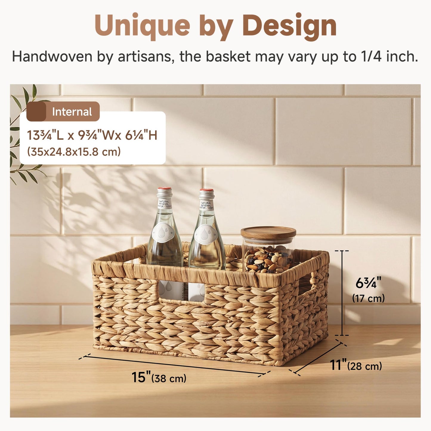 StorageWorks Large Rectangular Wicker Basket, Water Hyacinth Storage Basket with Built-in Handles, 1 Pack