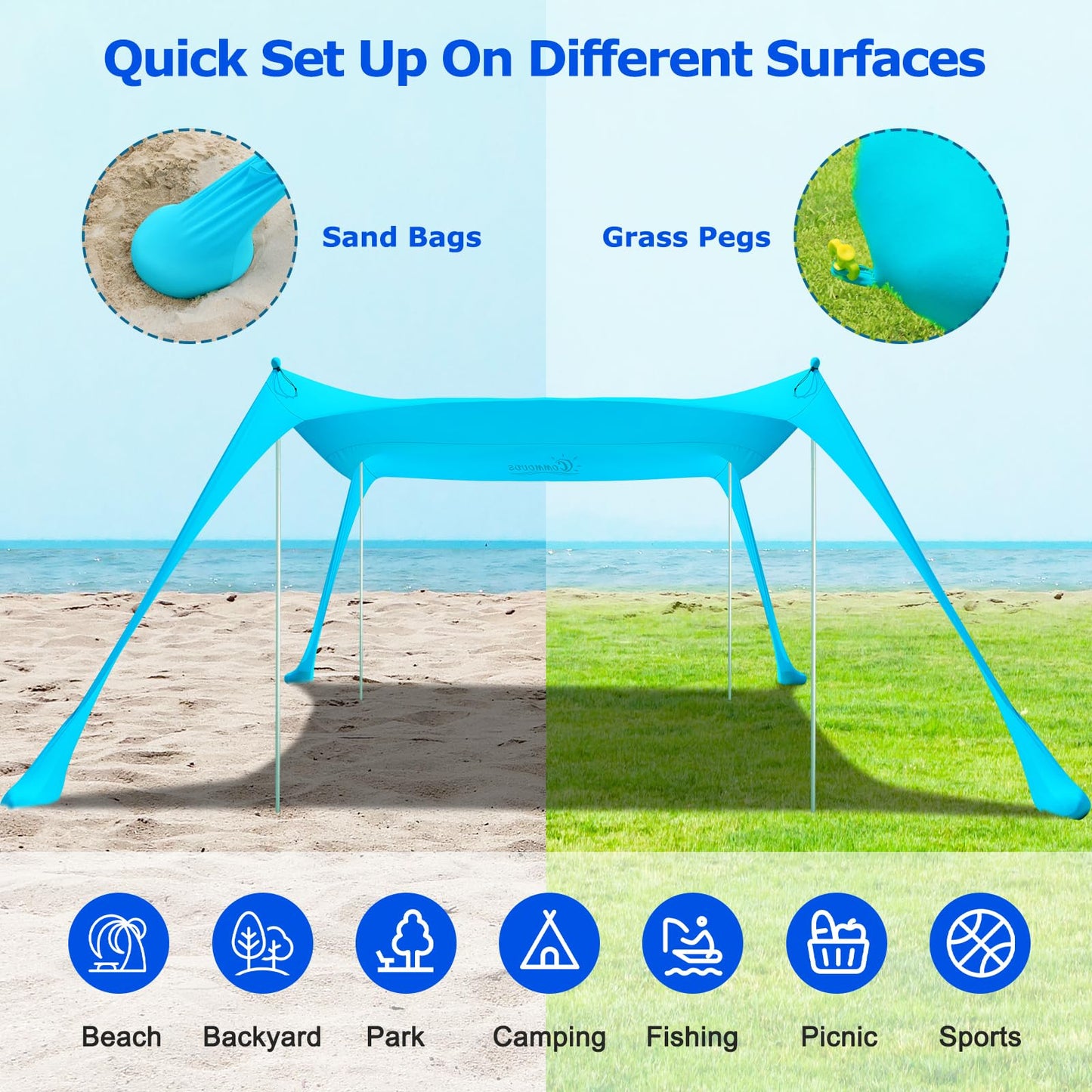COMMOUDS Beach Tent Sun Shelter - UPF50+ Pop Up Beach Canopy with Sandbags & Sand Shovel & Windproof Poles, Portable Sun Shade for Beach, Camping, Picnics, Backyard (10x10FT)