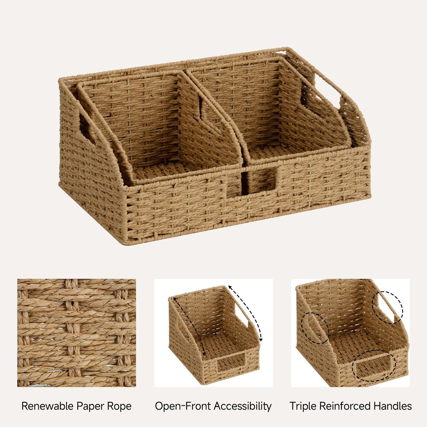 StorageWorks Paper Rope Pantry Storage Baskets, Wicker Baskets with Built-in Handles, Handwoven Shelf Baskets for Organizing, Pantry Organizers and Storage, Natural, 3 Pack
