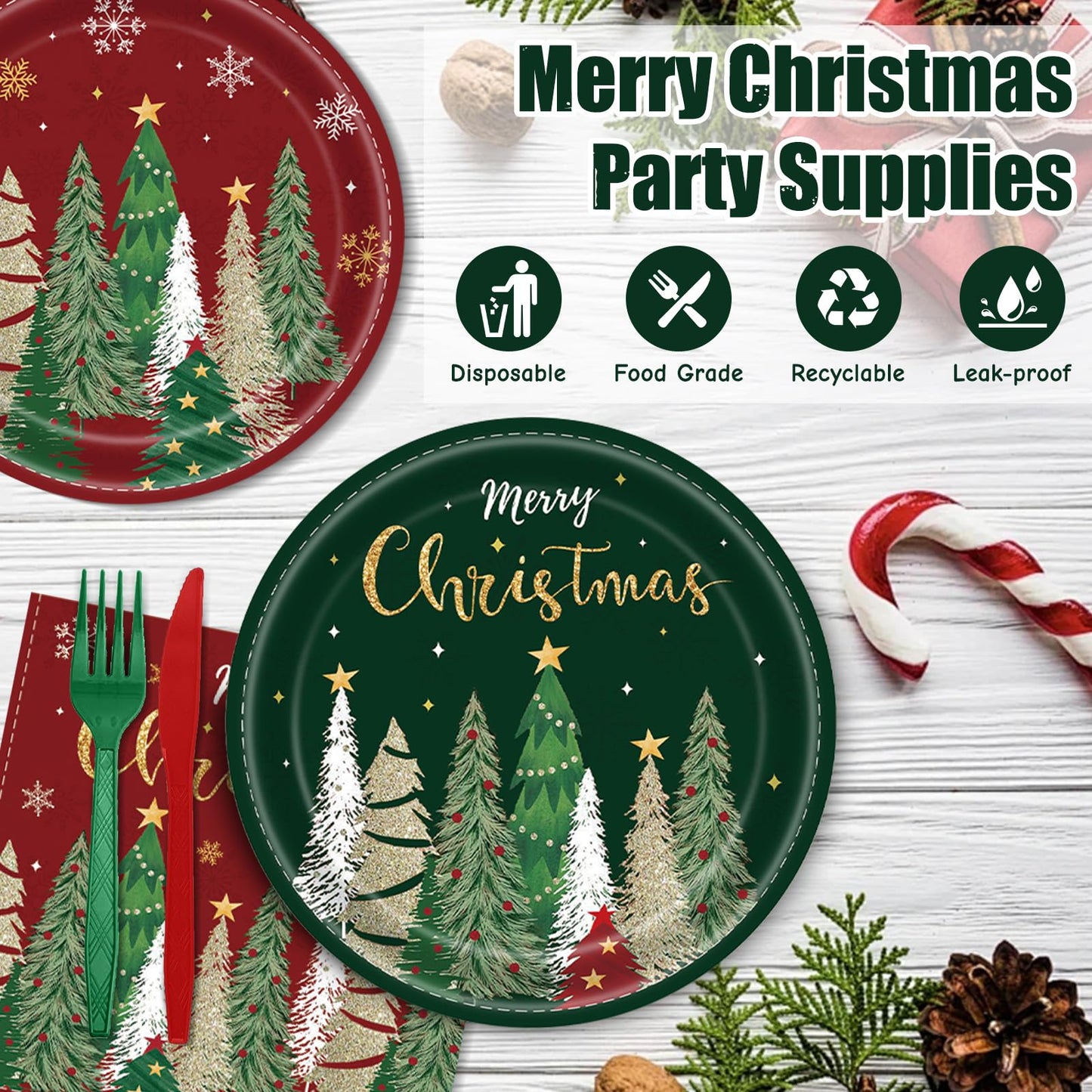 102 Pcs Christmas Tree Paper Plates and Napkins Party Decorations Merry Christmas Banner Disposable Tablecloth Dinnerware Set Red and Green Xmas Tree Party Supplies Winter Snowflake Holiday Ornament