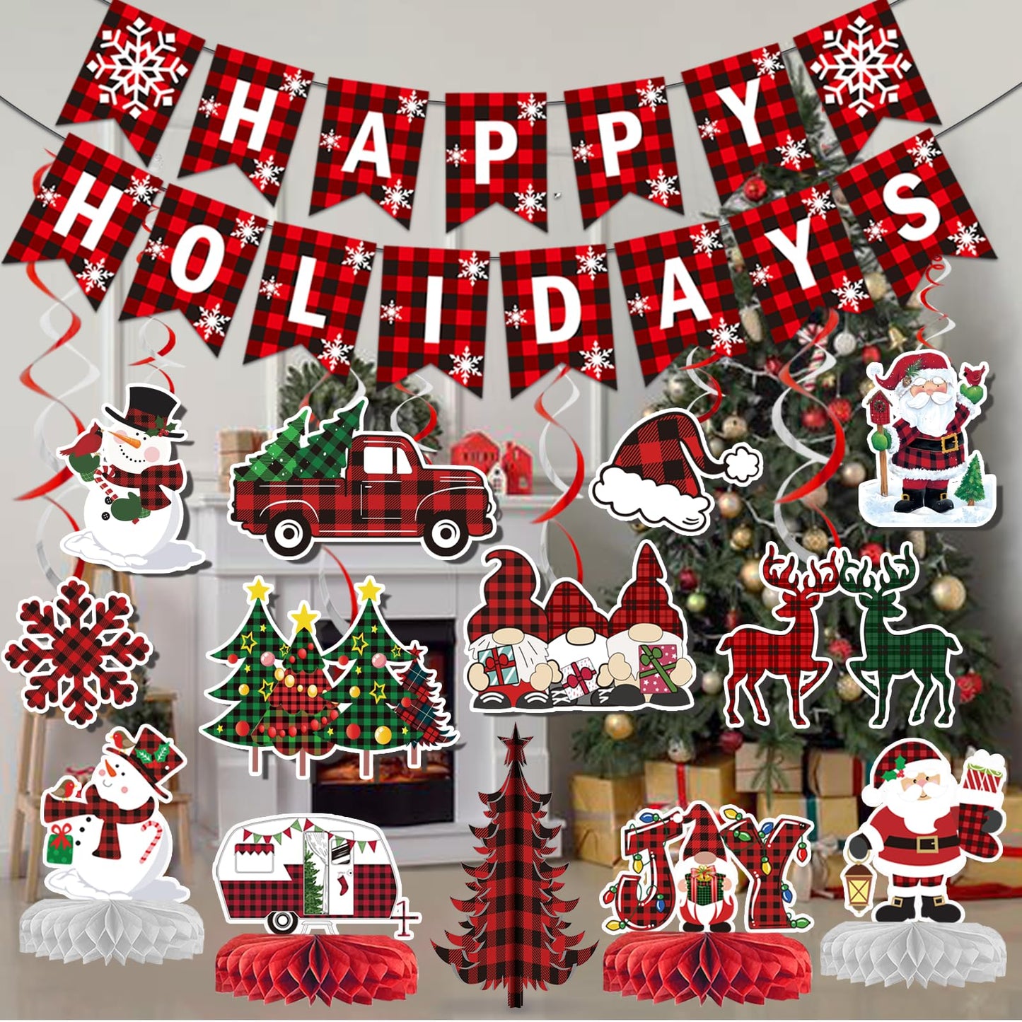 Happy Holidays Banner Buffalo Plaid Christmas Decorations Happy Holidays Decorations for Christmas Buffalo Plaid Decor
