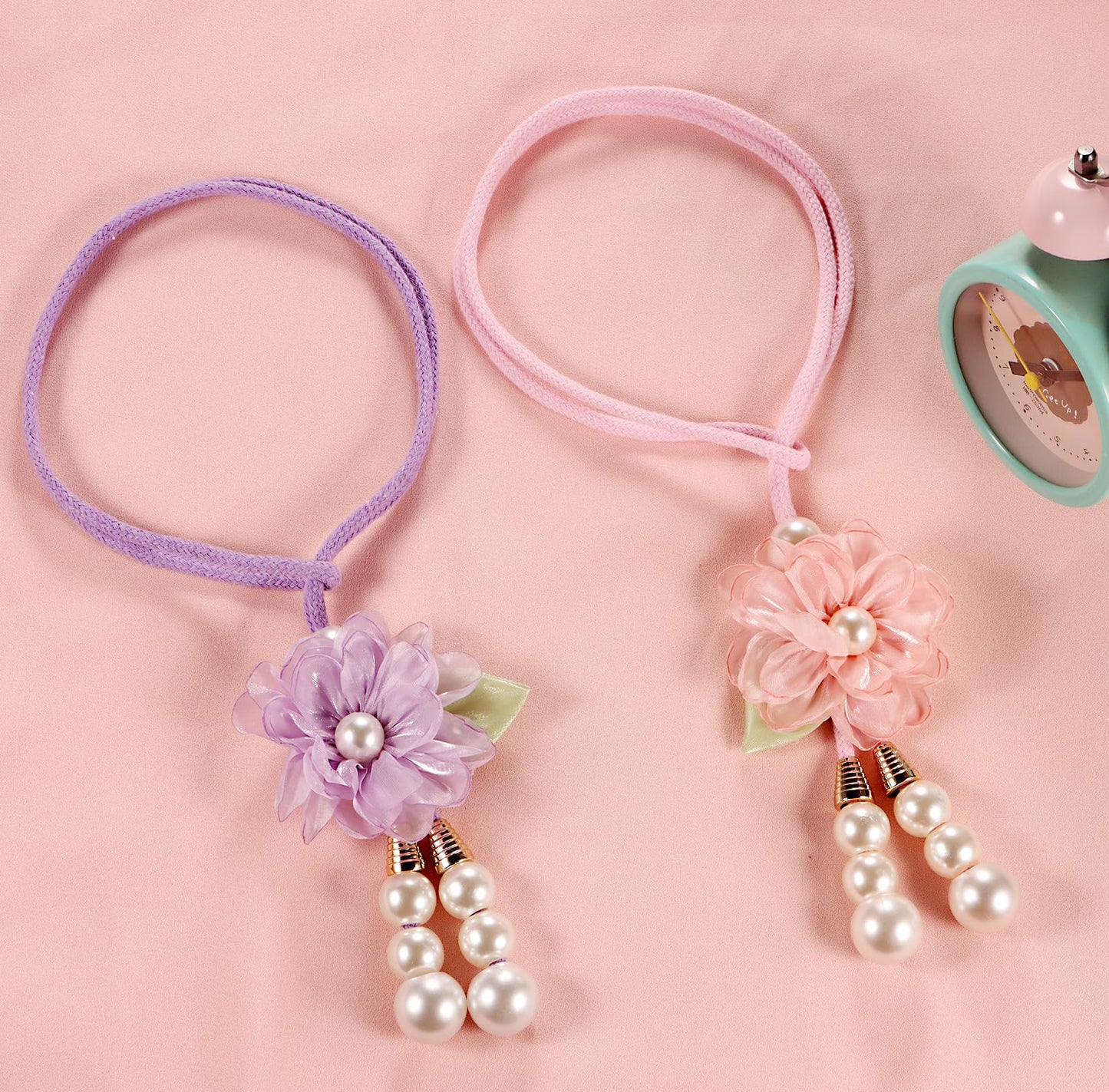 Adjustable Curtain Tiebacks， 4-Pack Hand-Woven Rope with Silk Flower & Pearl， Decorative Window Cord Holders for Drapery， Long Loop Design for All Curtain Thickness (Pink)