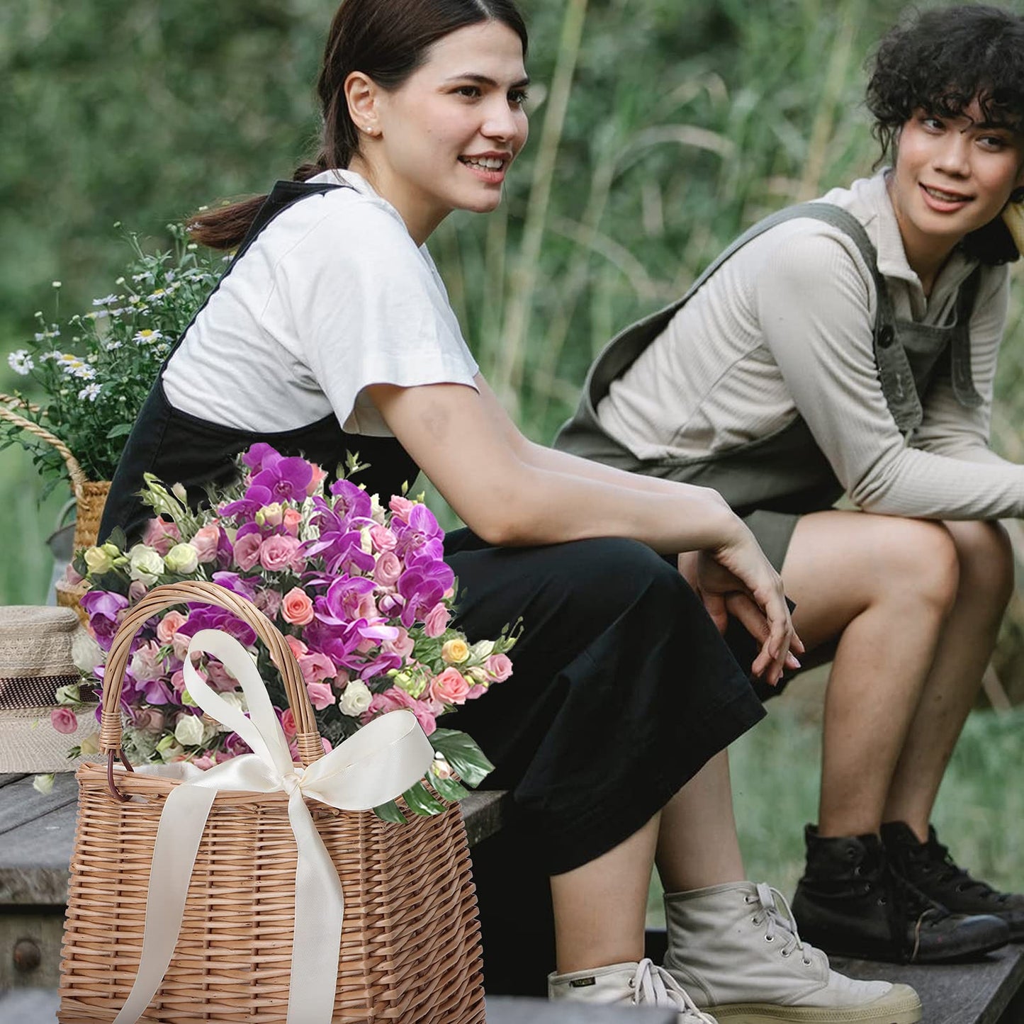 CARMELIT Flower Girl Basket Boho Style Rattan Baskets with White Ribbon for Weddings, Classic Wicker Handbag Basket Purse Baskets Bags Women Straw Tote with Handle