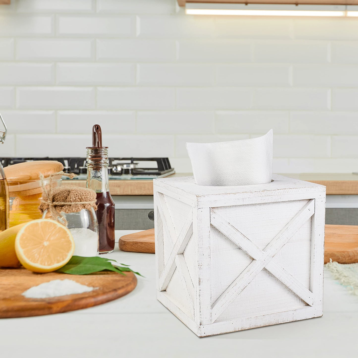 Karisky 2 Pack Square Rustic Wood Tissue Box Cover Holder with Slide-Out Bottom Panel, Farmhouse Facial Paper Dispenser for Bathroom Vanity, Bedroom, Night Stands, Office, 6 x 6 inch, White