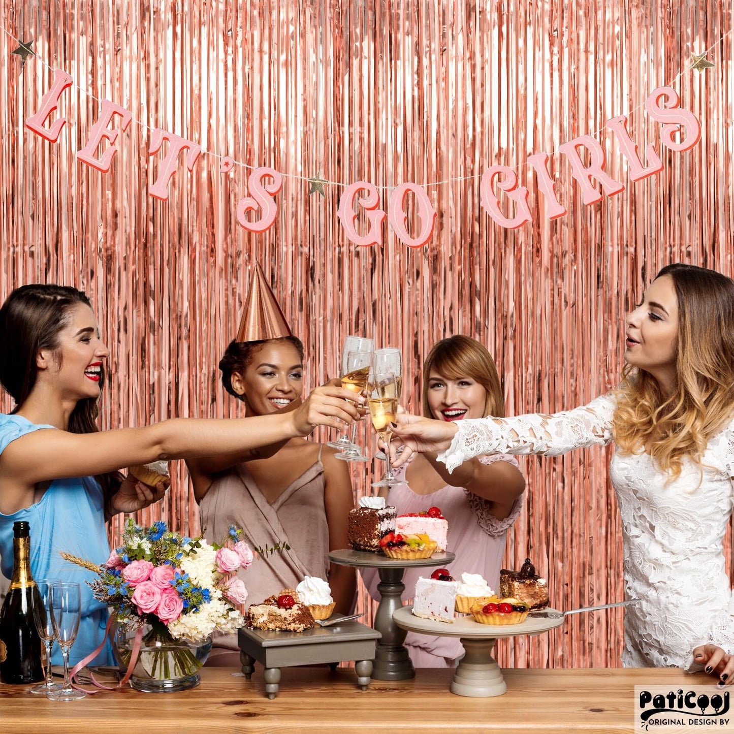 PatiCool Thicken Rose Gold Tinsel Backdrop 2 Pack 3.3 x 6.6 FT, Foil Fringe Curtains, Birthday Decorations for Women Girls, Bachelorette Bridal Shower Decorations