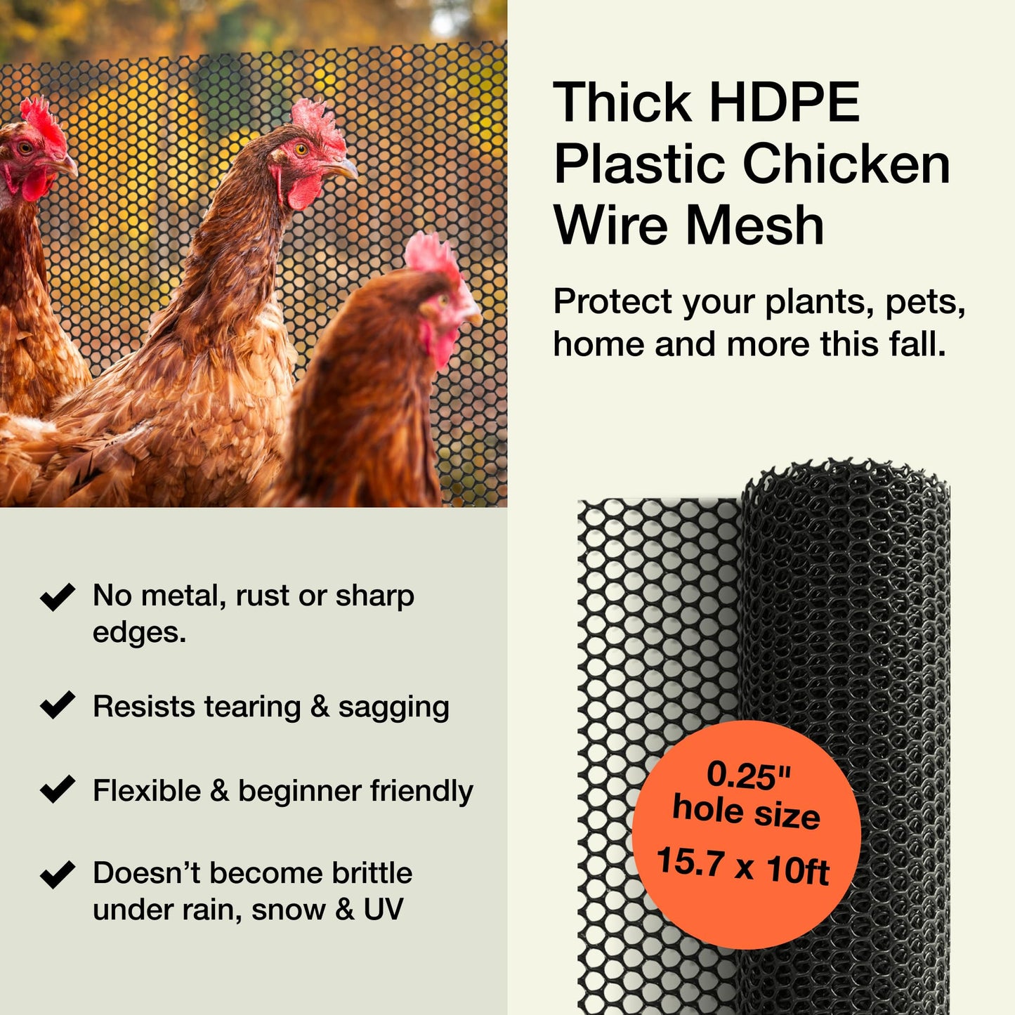 Maporch Plastic Chicken Wire Fencing for Pet Protection - 15.7" x 10ft, Black HDPE Mesh - Garden Fence Animal Barrier for Dogs, Cats and Rabbits (2-Pack)