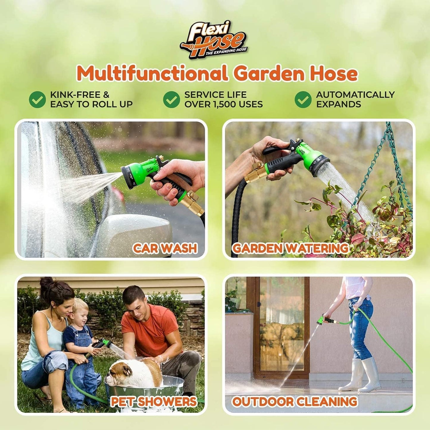 Flexi Hose Plus Expandable Garden Hose with 8 Function Nozzle, 75FT - Lightweight Retractable Garden Hose, Water Hose - No-Kink Flexibility, 3/4 Inch Solid Brass Fittings Includes Hook & Bag