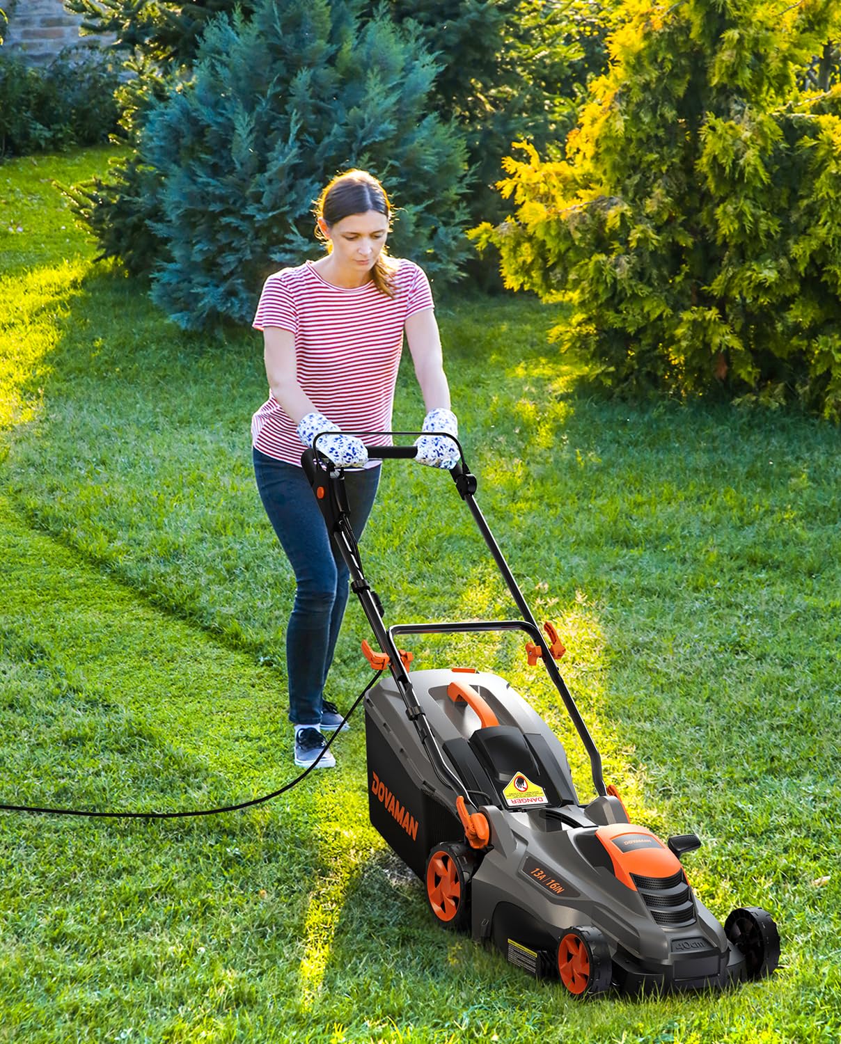 DOVAMAN 13Amp LA16M Lawn Mower, 16" Blade, 5-Position Height Adjustment, 3-Step Quick Vertical Fold Storage, 2-in-1 Mulching & Bagging, 98% Collection, Corded Lawn Mower for Your Garden