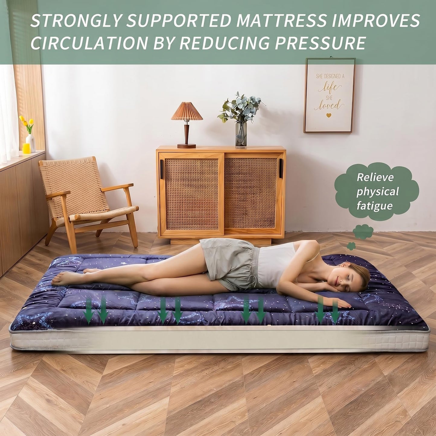 MAXYOYO Black Moon and Star Futon Mattress, Japanese Floor Mattress Quilted Mattress Topper, Extra Thick Folding Sleeping Pad Breathable Floor Lounger Guest Couch for Camping, King