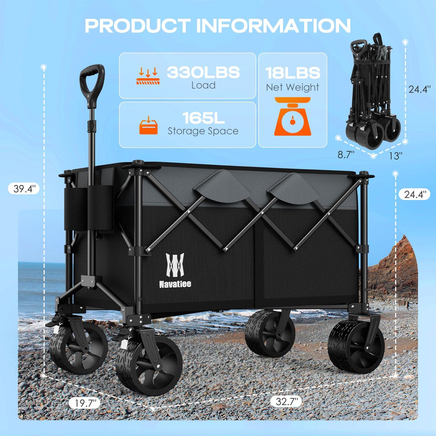 Navatiee 330Lbs Collapsible Folding Wagon, Beach Wagon Cart Heavy Duty Foldable with Big Wheels, Utility Grocery Wagon with 165L Large Capacity for Camping Garden Sports, Black