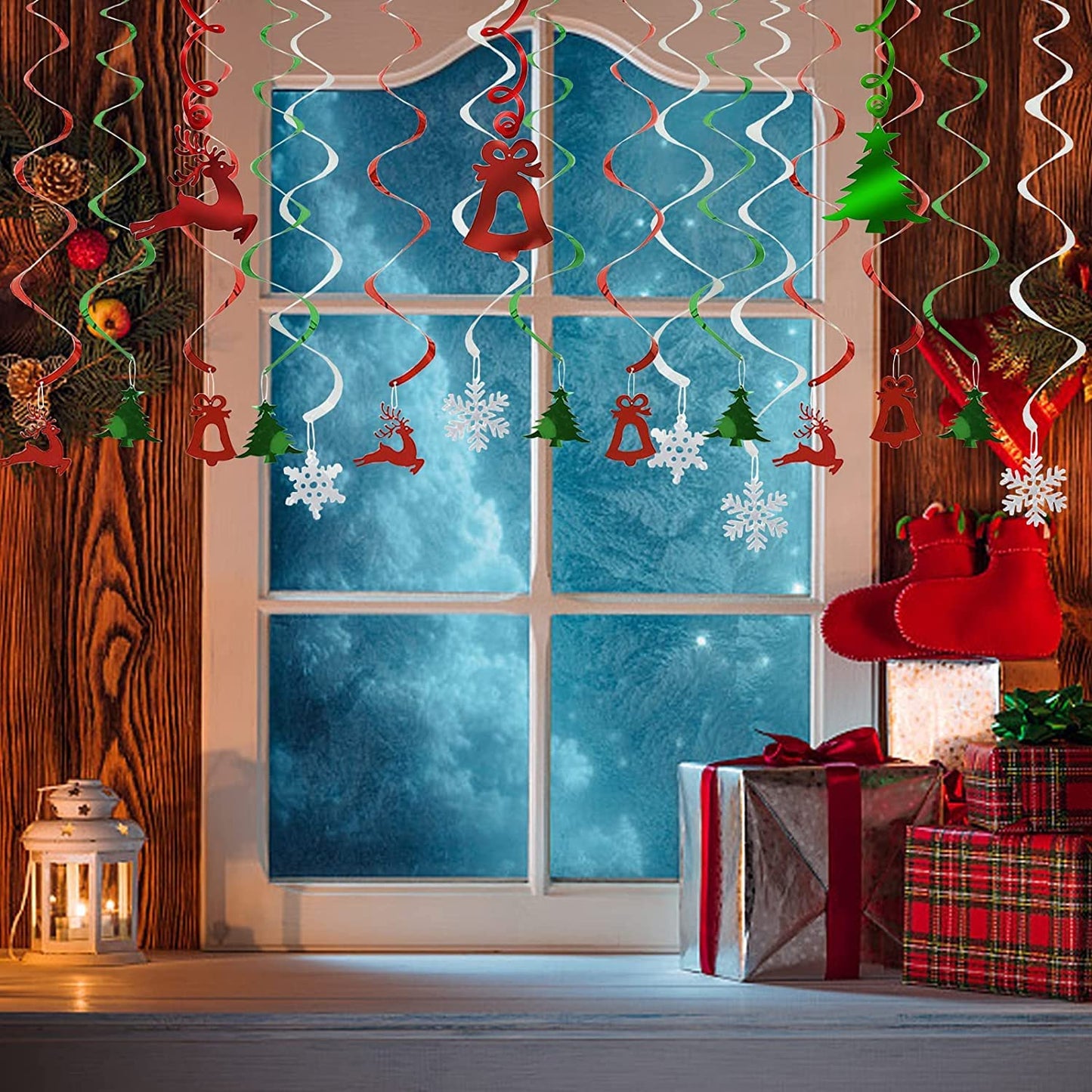 Christmas Party Decorations Foil Hanging Ceiling Swirls (30Pcs Fully-Assembled) Christmas Reindeer Bell Christmas Tree Snowflake Swirls for Porch Home House Bar, Xmas Holiday Supplies Decorations