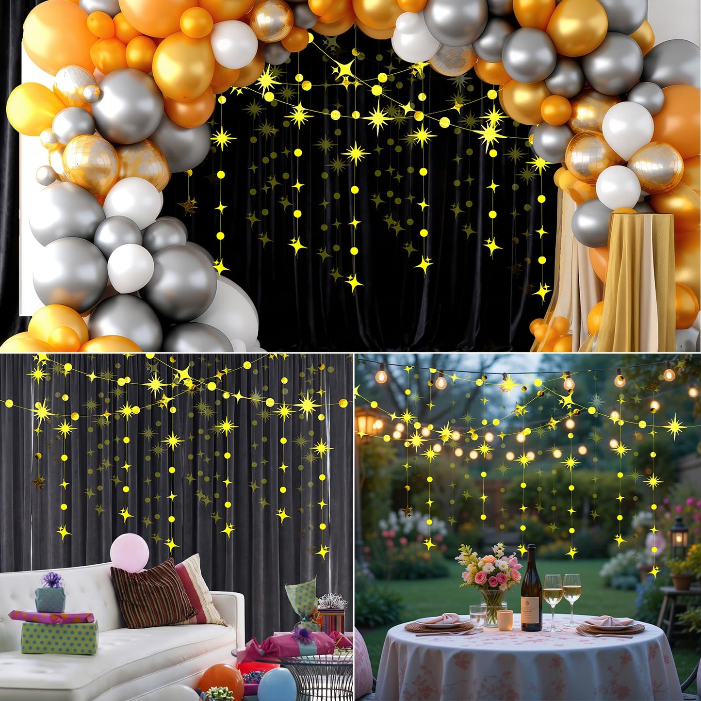 Affrolling 105 Feet Glitter Gold Four-Angle Star and Circle Dot Paper Garland Banner Decor Twinkle Hanging Bunting Banner Backdrop for Birthday Wedding Graduation Disco 2026 Party Decorations