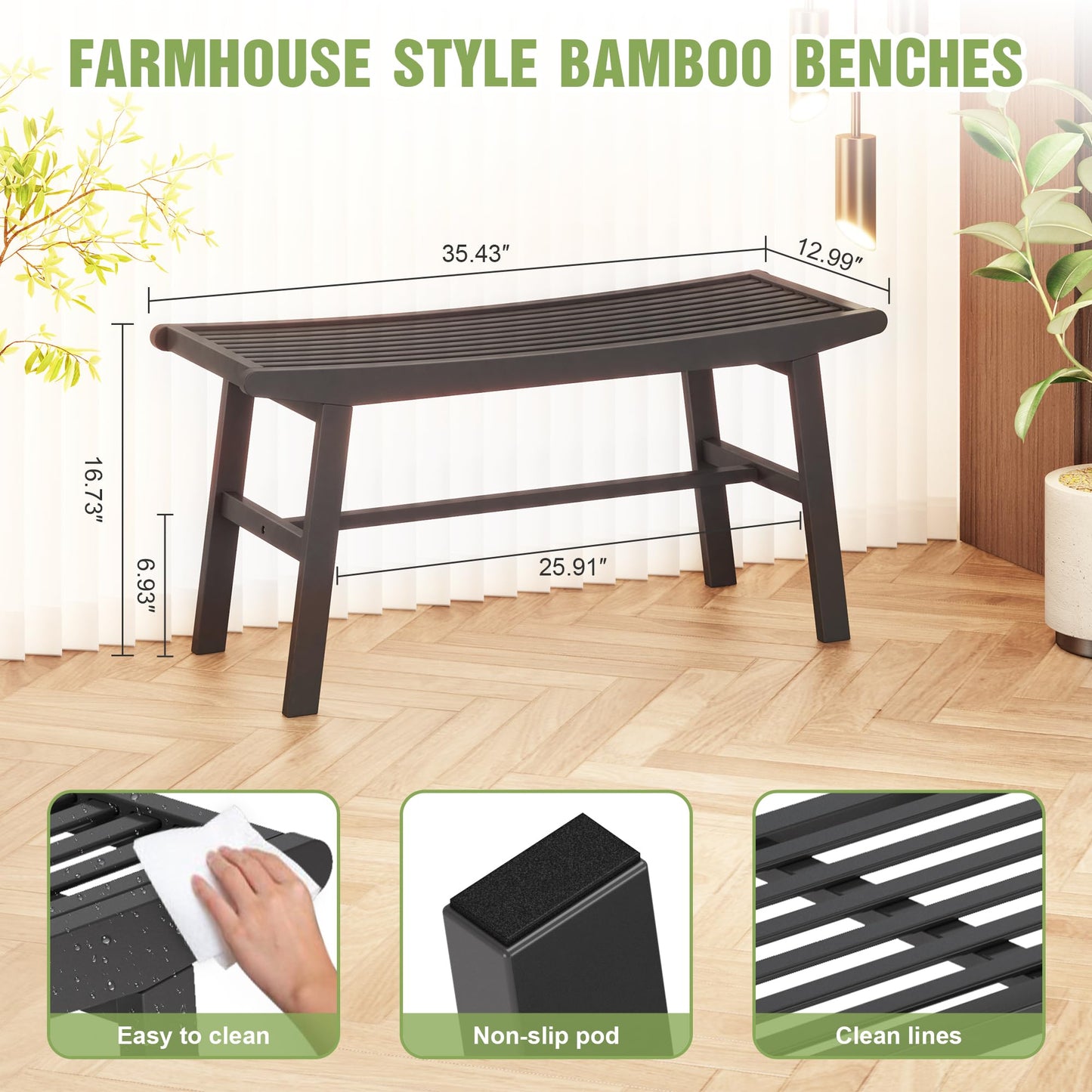Bamboo Dining Bench Indoor Long Bench Sturdy & Comfortable Indoor Storage Bench Durable Slat Woven Design Modern Entryway Seating for Hallway (Black, 1 Tier)