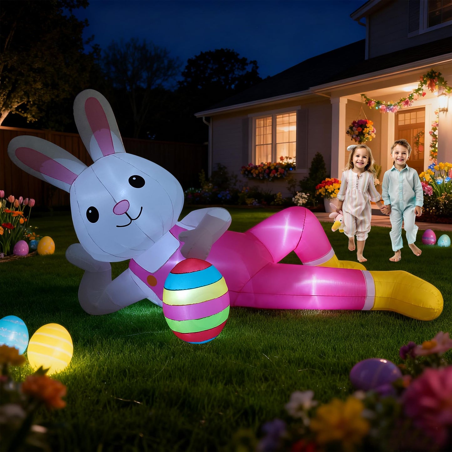 12ft Giant Easter Bunny Inflatable Lying Bunny Outdoor Decorations Blow up Decor for Yard Decor/Lawn/Garden/Holiday Party