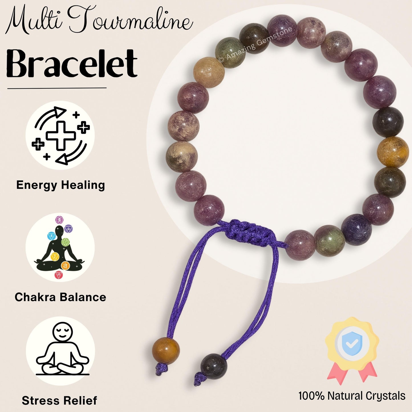 Amazing Gemstone Multi Tourmaline Bracelet for Women Men's Gifts - Protection Healing Crystal Bracelet - 8mm Gemstones Beaded Adjustable Bracelet Pulseras Para Hombres Mujer Stocking Stuffers