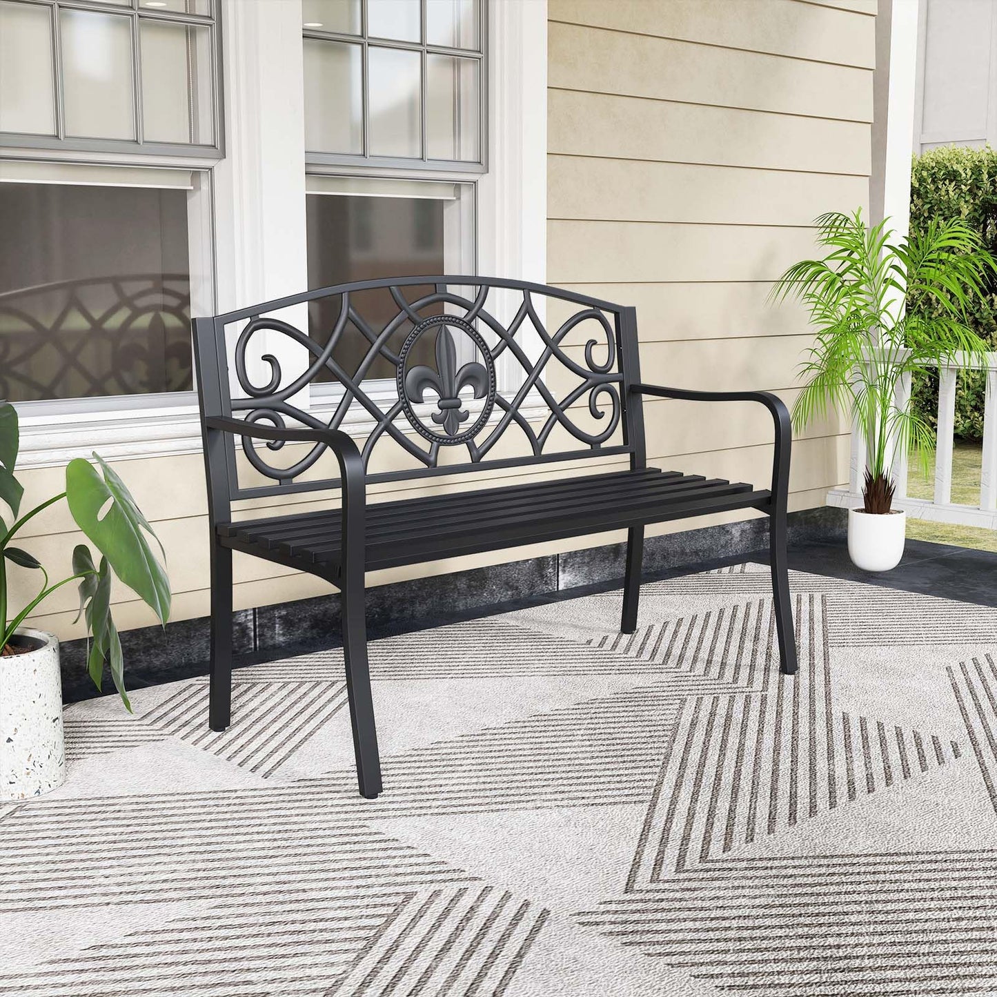 Giantex 50.5” Outdoor Bench with Metal Frame, Floral Design Cast Iron Backrest, Slatted Seat, Adjustable Foot Pads, Load 660Lbs, Garden Bench for Outside Patio Backyard Porch Park, Black