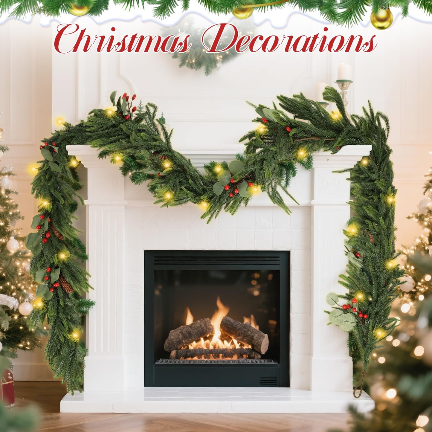 9FT Garland with 7 Modes LED Light, 9 True Pinecones&Red Cones&Eucalyptus Leaves, Norfolk Pine Garlands for Festivals Day, Wall, Indoor, Outdoor Holiday Winter Decorations