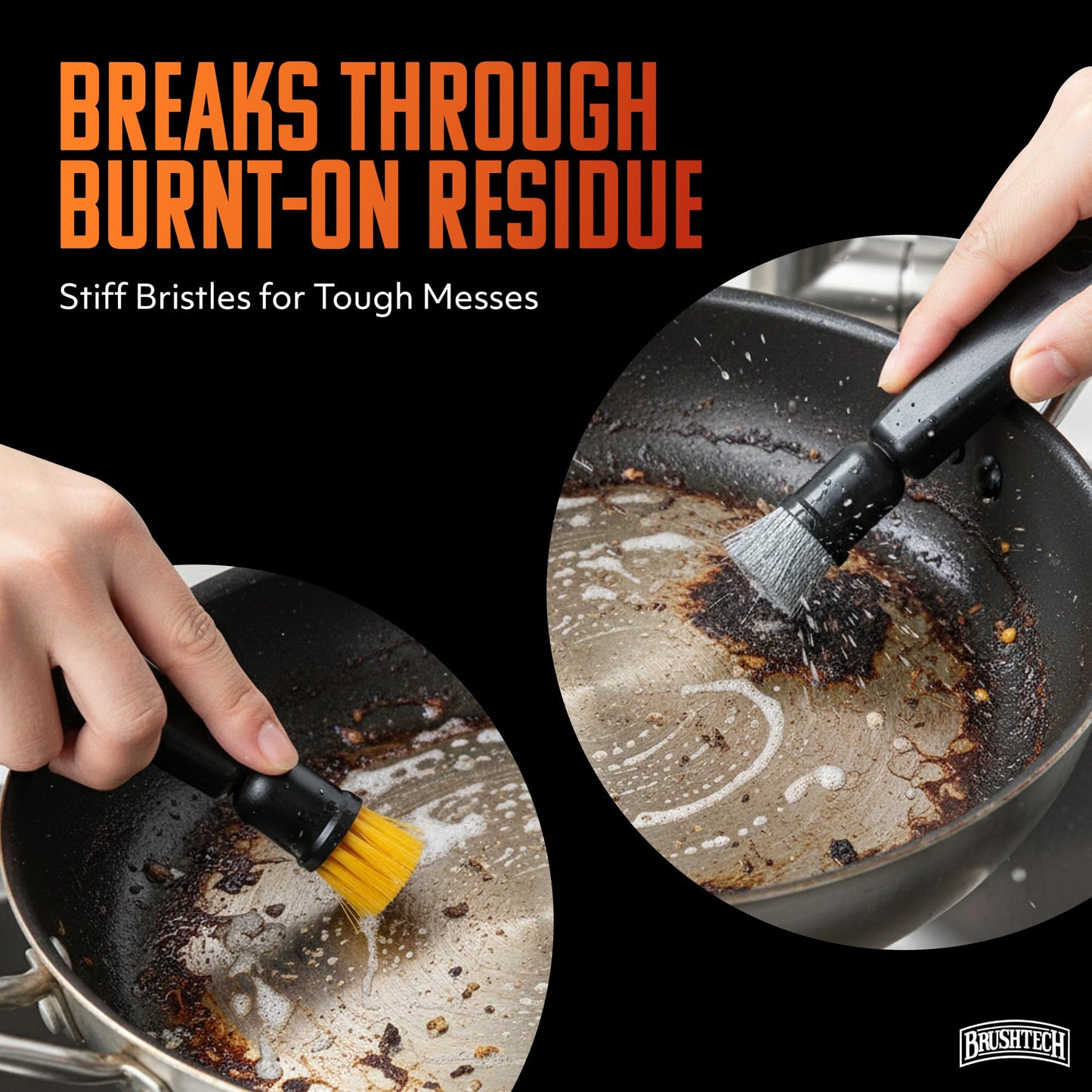 Brushtech Kitchen Essentials Burnt-On Food Brush Set – Dual-Purpose Scrub Tools for Cookware & Bakeware, Tackling Tough Residue on pots, Pans & Oven Surfaces – Durable Nylon-Bristle Brushes