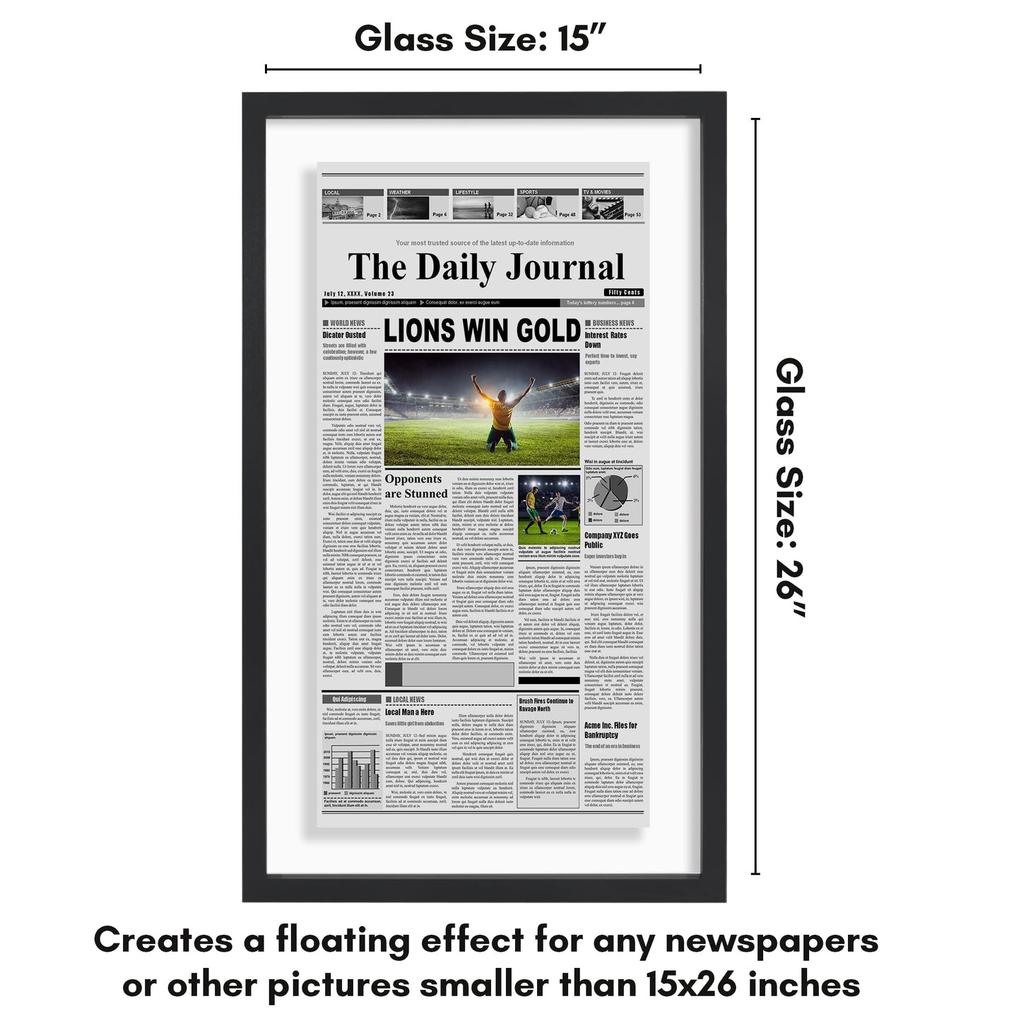 Americanflat 15x26 Newspaper Frame with Shatter-Resistant Glass - Use as 11x22 Newspaper Frame - Signature Float Collection - Engineered Wood Molding - Floating Frames for Wall Display - Black