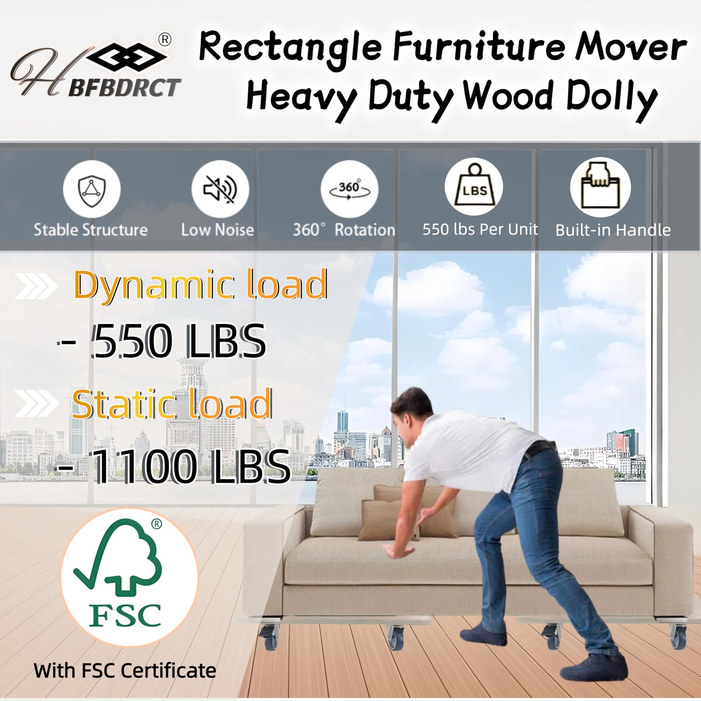 HBFBDRCT Furniture Dolly 4 Wheels, Furniture Movers, 2 Packs 2200 lb Load Capacity Heavy Duty Real Wood Dolly, Multifunctional Moving cart with 4 Soft Rubber Silent Wheels （2 with Brake+ 2 Without）