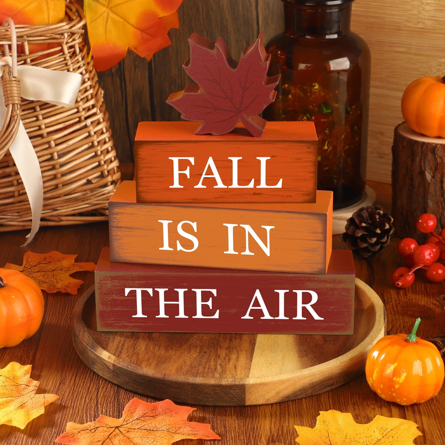 4 PCS Fall Maple Leaf Wooden Table Block Sign Thanksgiving Wood Tiered Tray Decor Fall is in the Air Block Centerpiece Rustic Farmhouse Table Decorations for Autumn Thanksgiving Home Desk Shelf Decor