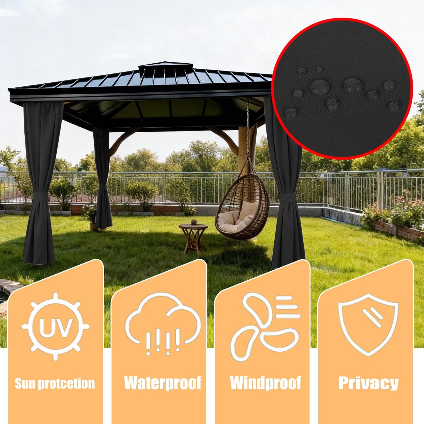GarPad Gazebo Curtain Replacement Universal Privacy Curtain, 4-Panels Sidewall 10'X12' Curtain Gazebo Outdoor with Zipper,Universal Replacement for Patio Privacy Screen Black(Only Curtain)