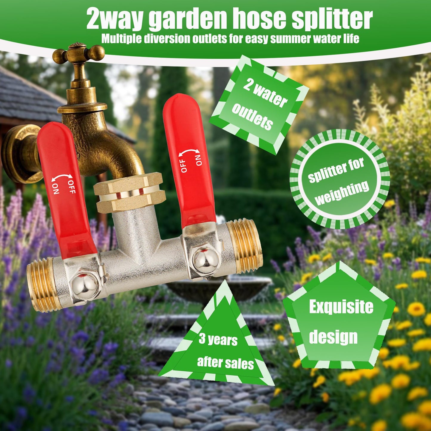 EJW Hose Splitter 2 Way, Garden Hose Splitters, 2 Way Faucet Splitter, Water Spigot Splitter, RV Brass Hose Splitter, Two way Hose Bib Splitter, Double Hose Connector, Hose Valve 3/4 Inch GHT Thread.