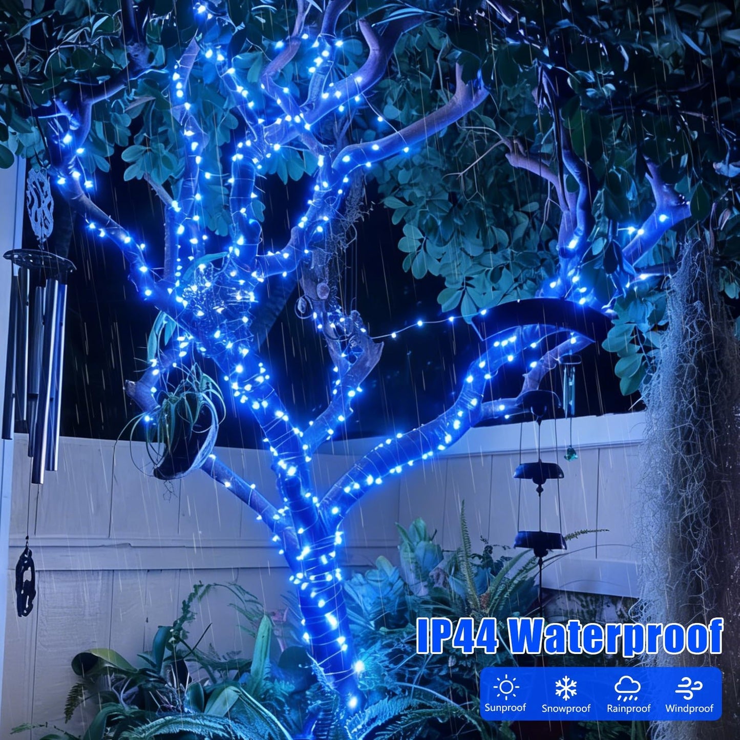 YEGUO 4 Pack Blue Solar Fairy Lights, Each 33ft 100 LED Christmas Lights Outdoor Waterproof, 8 Modes Sliver Wire Solar String Lights