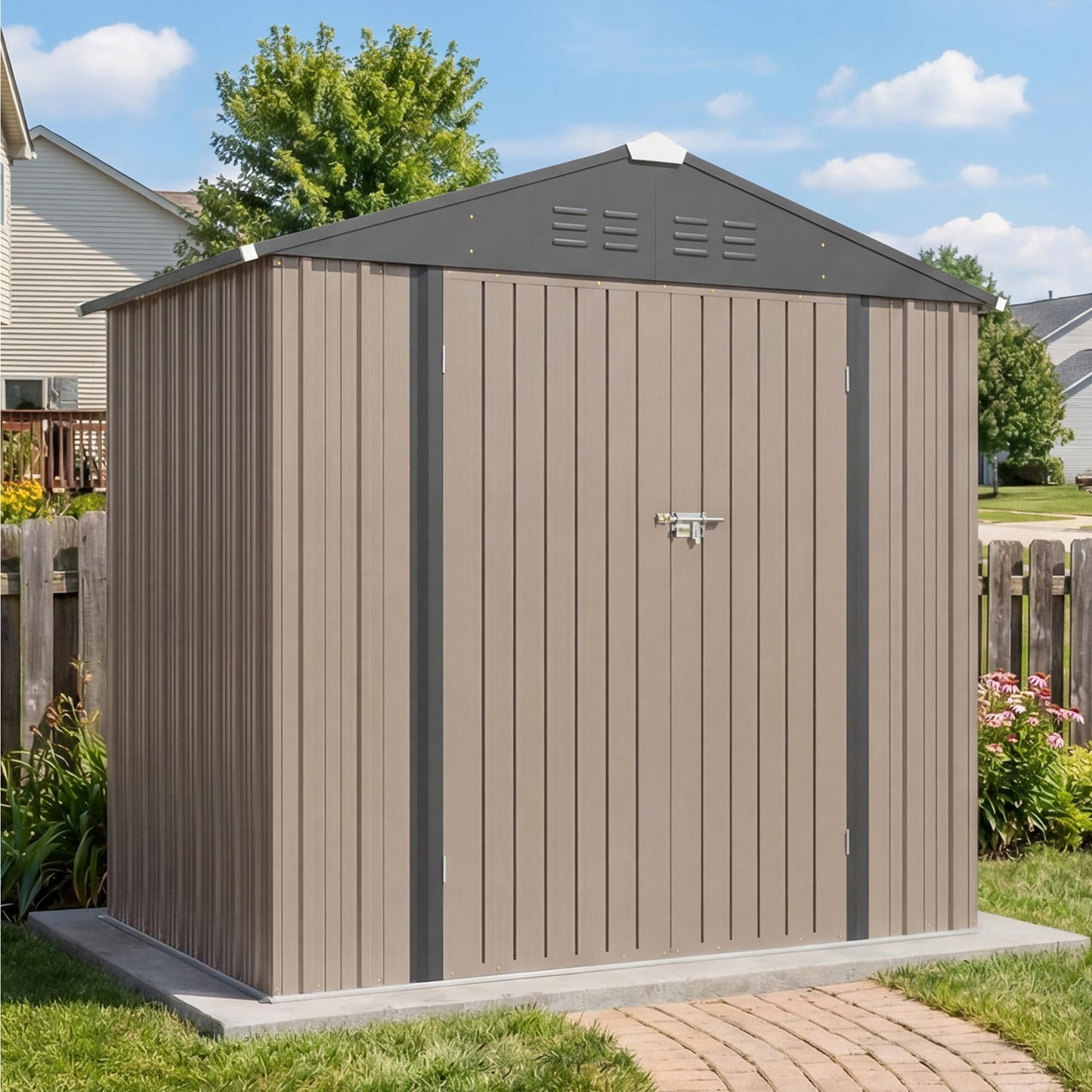 Greesum 6x4FT Outdoor Storage Shed with Base, Utility Tool Shed with Sloping Roof, Metal Storaged Garden Shed with Door & Lock for Patio Storage, Brown