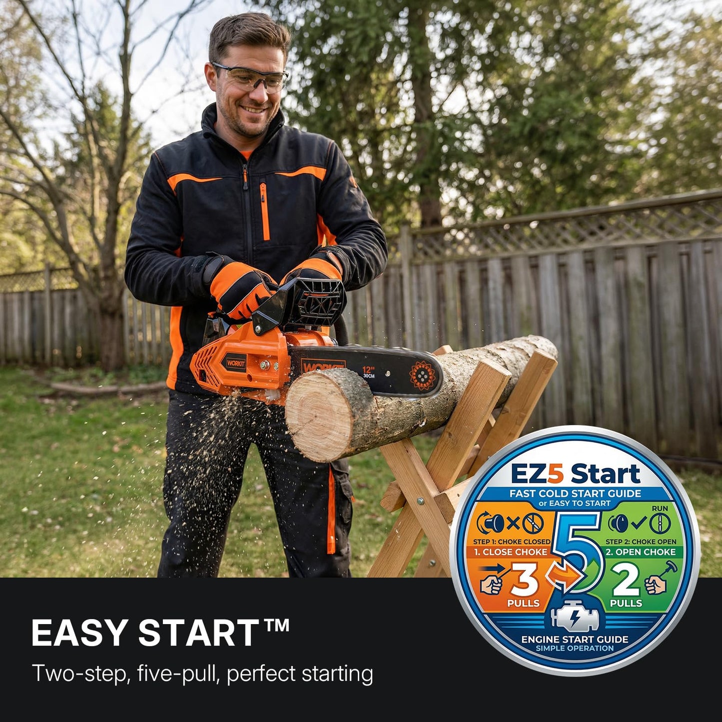 WORKIT 25.4CC Gas Powered Chainsaw, 12-Inch 1.2HP Top Handle Gas Chainsaw Easy Start, 2-Cycle Xtreme Engine, Commercial Grade Petrol Small Chain Saw with Auto Oiler, Wood Cutting and Tree Pruning