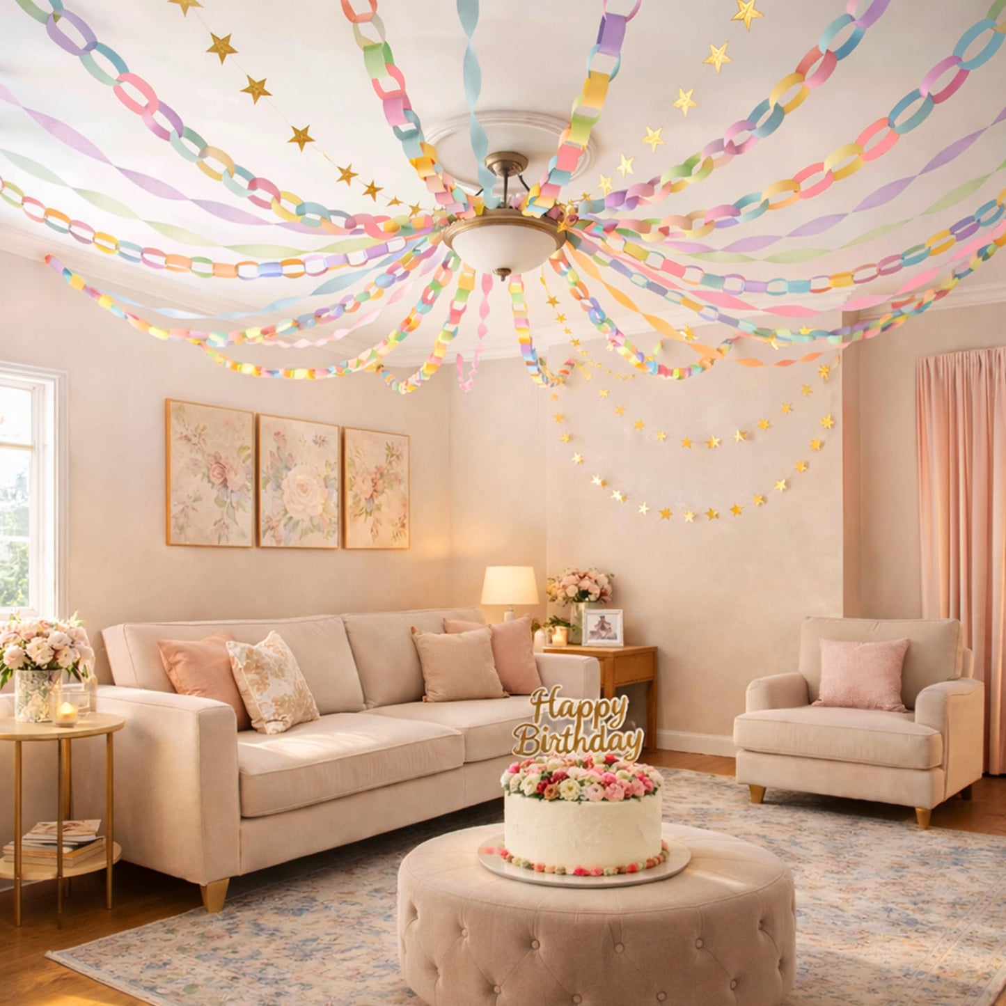 Gleebixi Pastel Birthday Party Decorations Kit with 492ft Crepe Paper Streamers, 300 Sheets Paper Chain Strips and 78.6ft Gold Star Garland for Hanging Decor