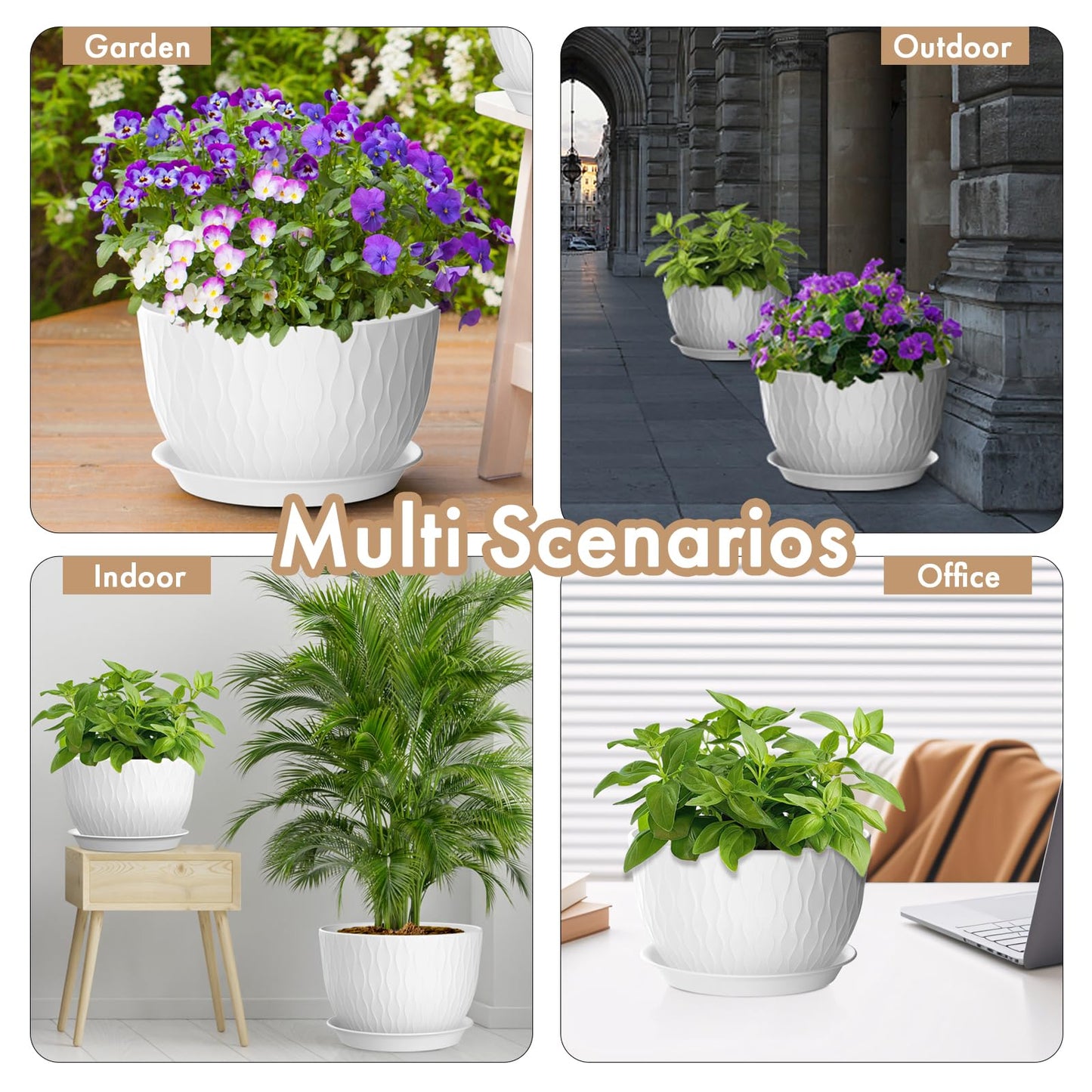 WSMKSZ 12 Inch Large Plant Pots for Indoor or Outdoor Plants, Wide Water Ripples Flower Pots with Drainage Holes & Saucer, Plastic Planters Set for Garden & Home Decor (White)