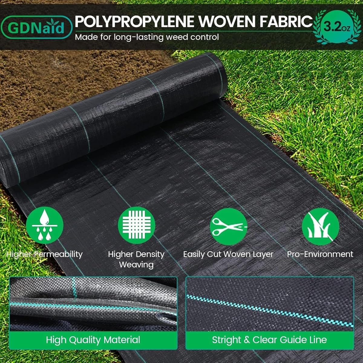 GDNaid 3ftx180ft Weed Barrier Landscape Fabric Heavy Duty, 3.2oz Weed Barrier Garden Fabric, Easy Setup Woven Landscaping Fabric