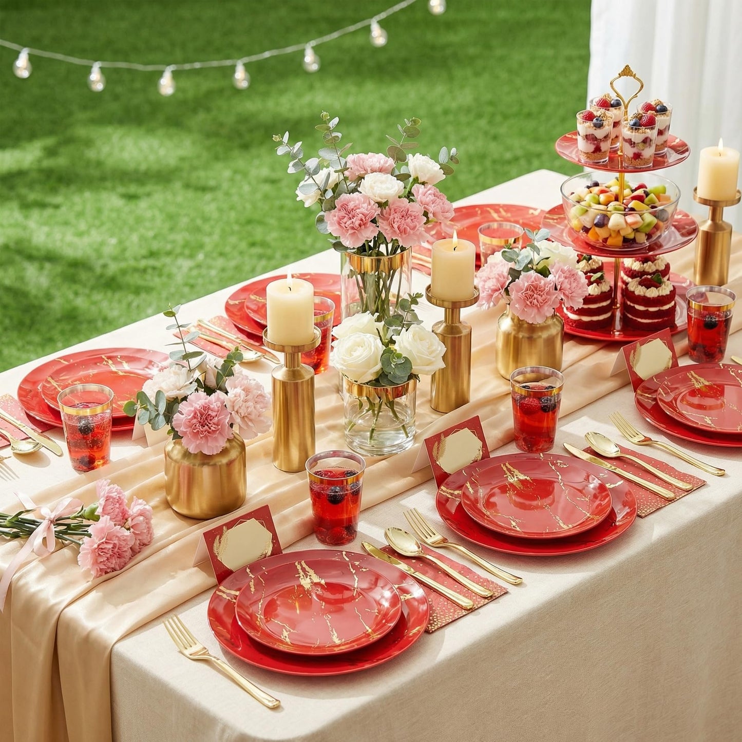 N9R 225PCS Red Gold Plastic Dinnerware Set - Disposable for Mother’s Day, Includes 25 Dinner Plates, 25 Dessert Plates, 25 Forks, 25 Spoons, 25 Knives, 25 Gold Cups, 25 Napkins & Table Cards
