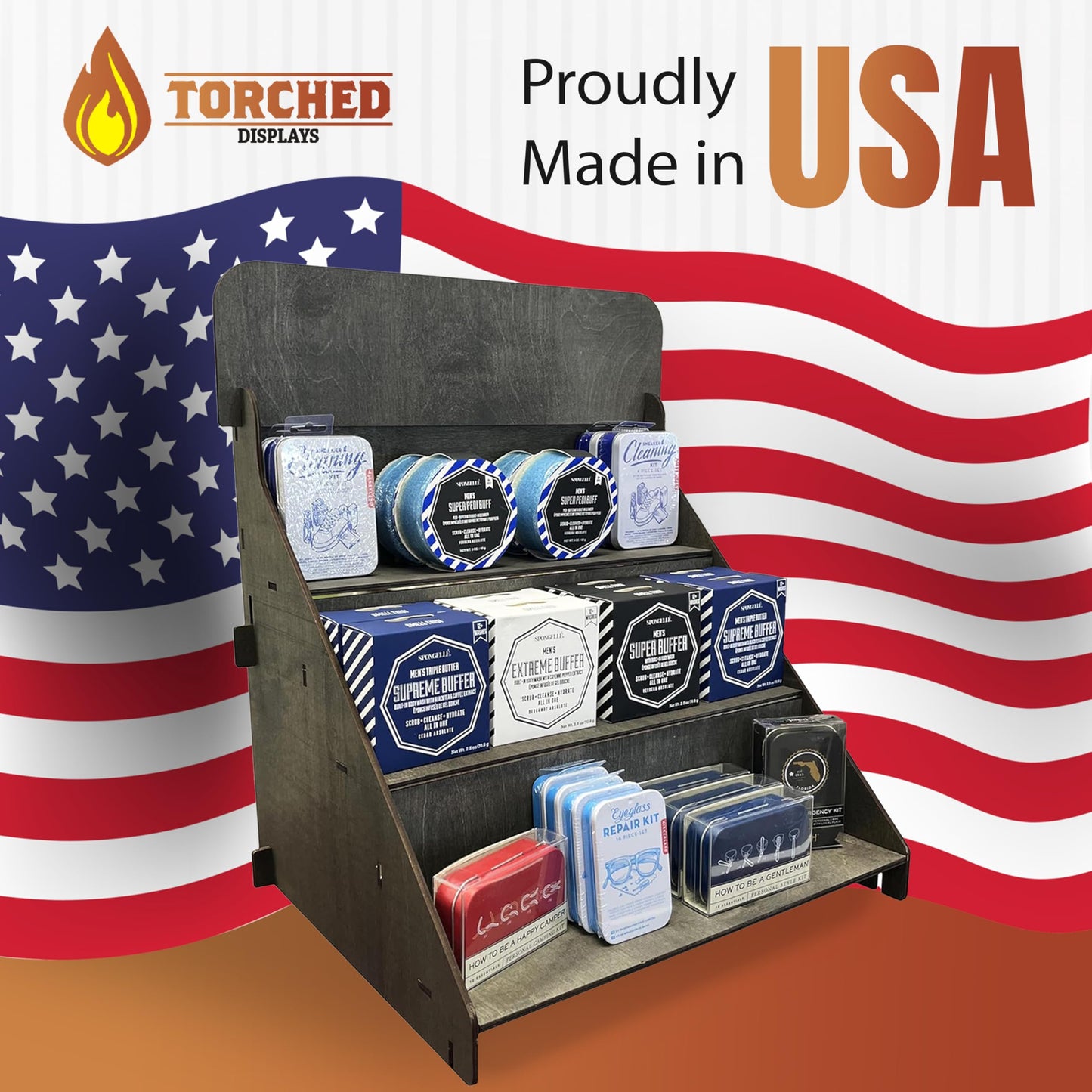 Torched Wooden Portable Retail Table Display Stand Countertop 3 Step Riser Craft Shows, Farmers Markets Tradeshows… (Ebony)