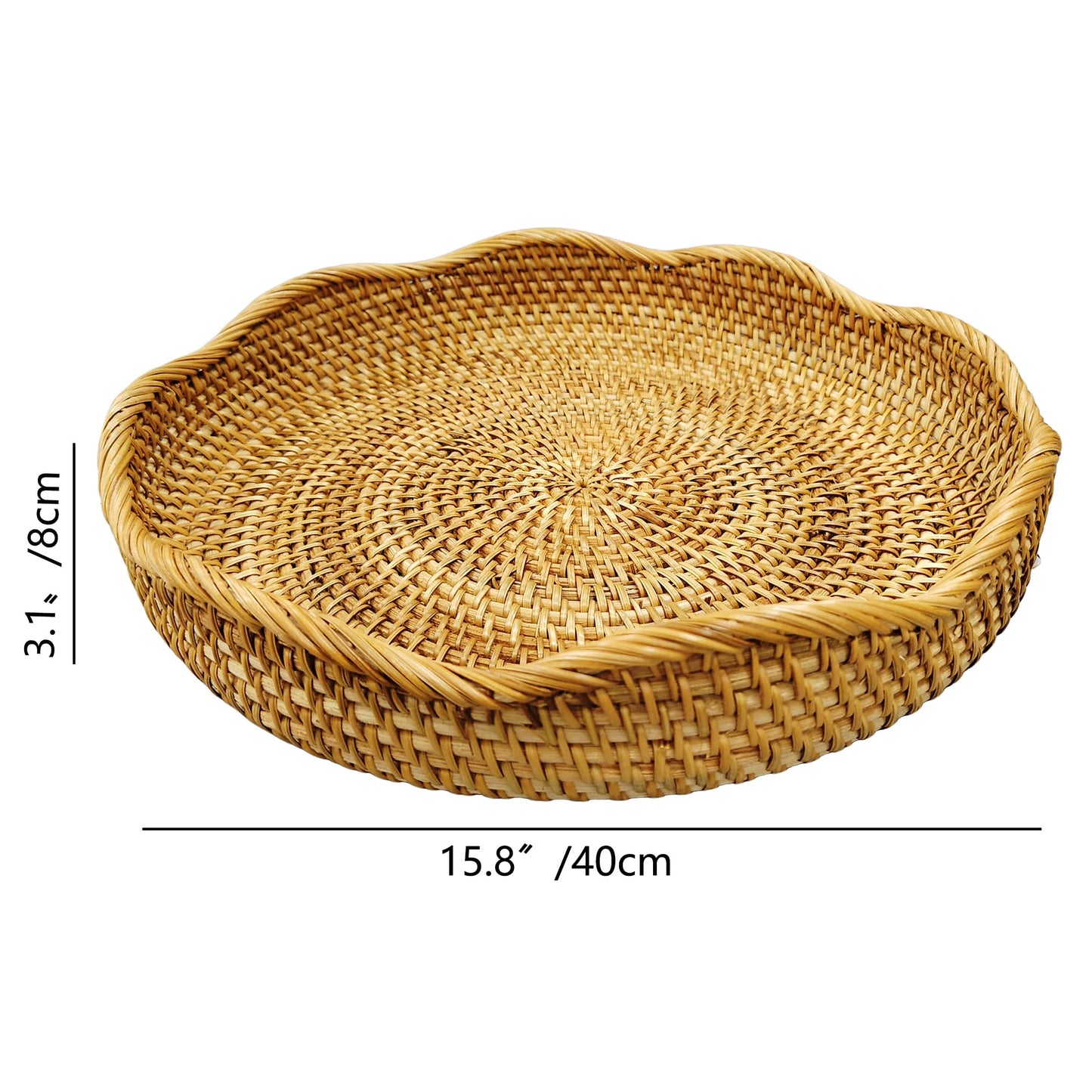 chicapica Large 16" Handwoven Rattan Serving Tray & Fruit Basket, Natural Wicker Decorative Bowl for Kitchen Island, Rustic Farmhouse Entryway Organizer & Boho Table Centerpiece