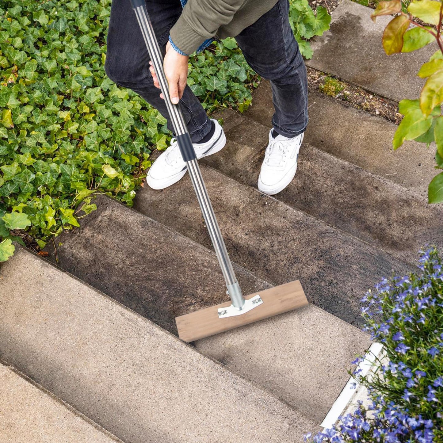 Stainless Steel Wire Scrub Brush with Long Handle for Deck, Concrete, Patio Floor Cleaning, 59'' Heavy Duty Stiff Metal Bristle Scrubber Broom for Outdoor Moss Removal